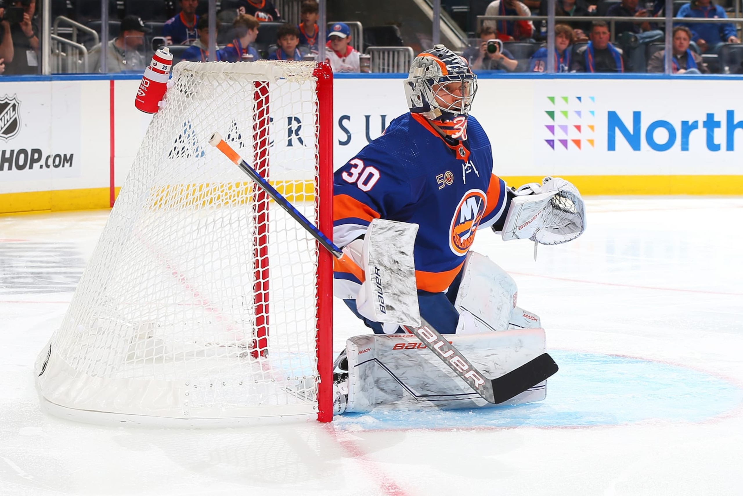 ELMONT, NEW YORK - OCTOBER 13: Ilya Sorokin #30 of the New York Islanders skates against the Florida Panthers at UBS Arena on October 13, 2022 in Elmont, New York. Florida Panthers defeated the New York Islanders 3-1. (Photo by Mike Stobe/NHLI via Getty Images)
