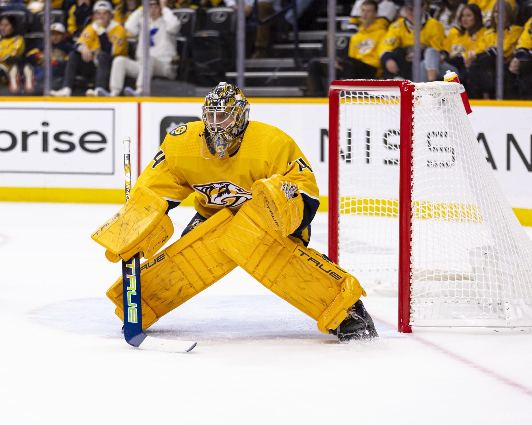 NASHVILLE, TN - OCTOBER 13:  Juuse Saros #74 of the Nashville Predators stands in net against the Dallas Stars during the second period at Bridgestone Arena on October 13, 2022 in Nashville, Tennessee. (Photo by Brett Carlsen/Getty Images)