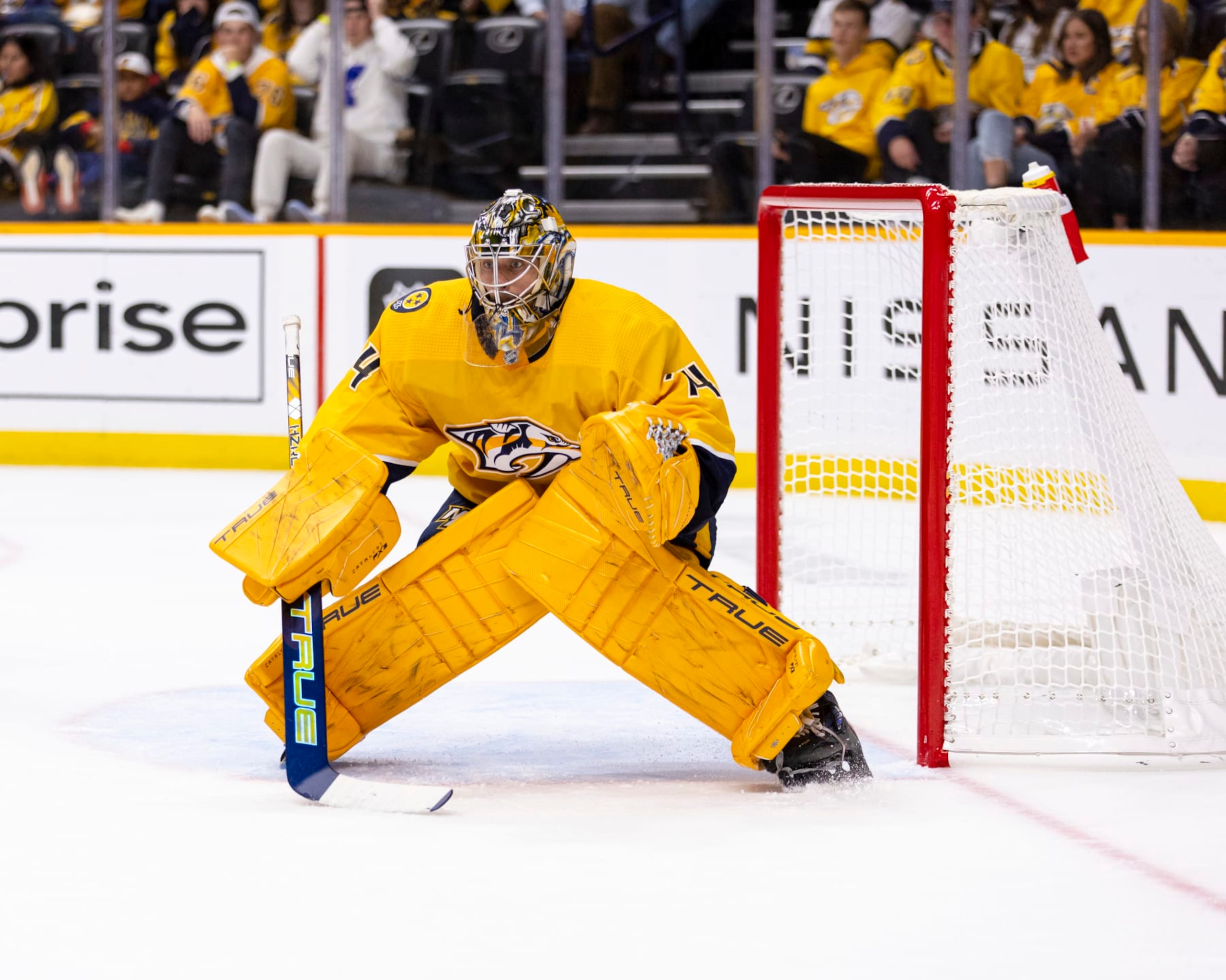 NASHVILLE, TN - OCTOBER 13:  Juuse Saros #74 of the Nashville Predators stands in net against the Dallas Stars during the second period at Bridgestone Arena on October 13, 2022 in Nashville, Tennessee. (Photo by Brett Carlsen/Getty Images)