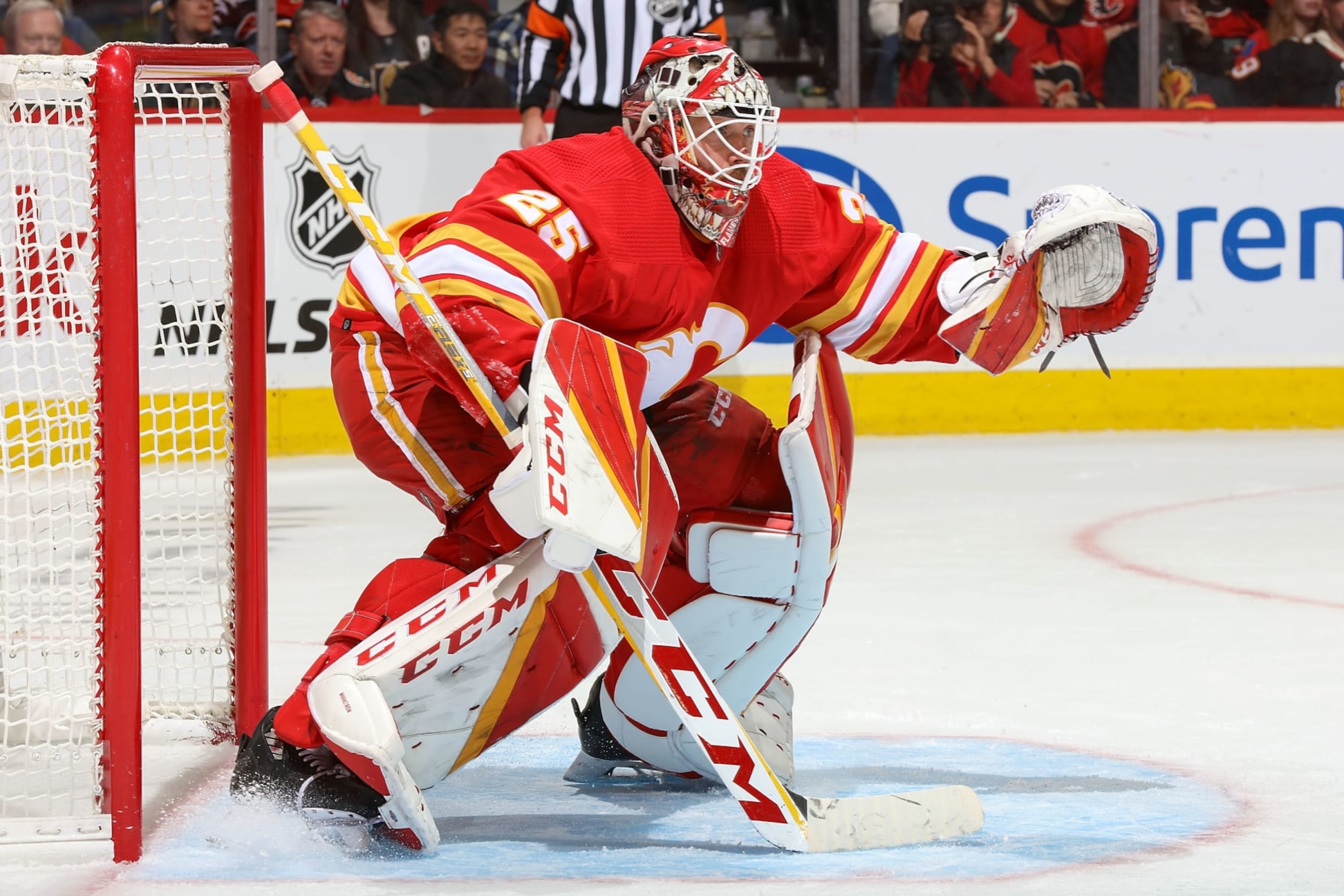 CALGARY, AB - OCTOBER 18: Jacob Markstrom #25 of the Calgary Flames stands tall in net against the Vegas Golden Knights at Scotiabank Saddledome on October 18, 2022 in Calgary, Alberta, Canada. (Photo by Gerry Thomas/NHLI via Getty Images)