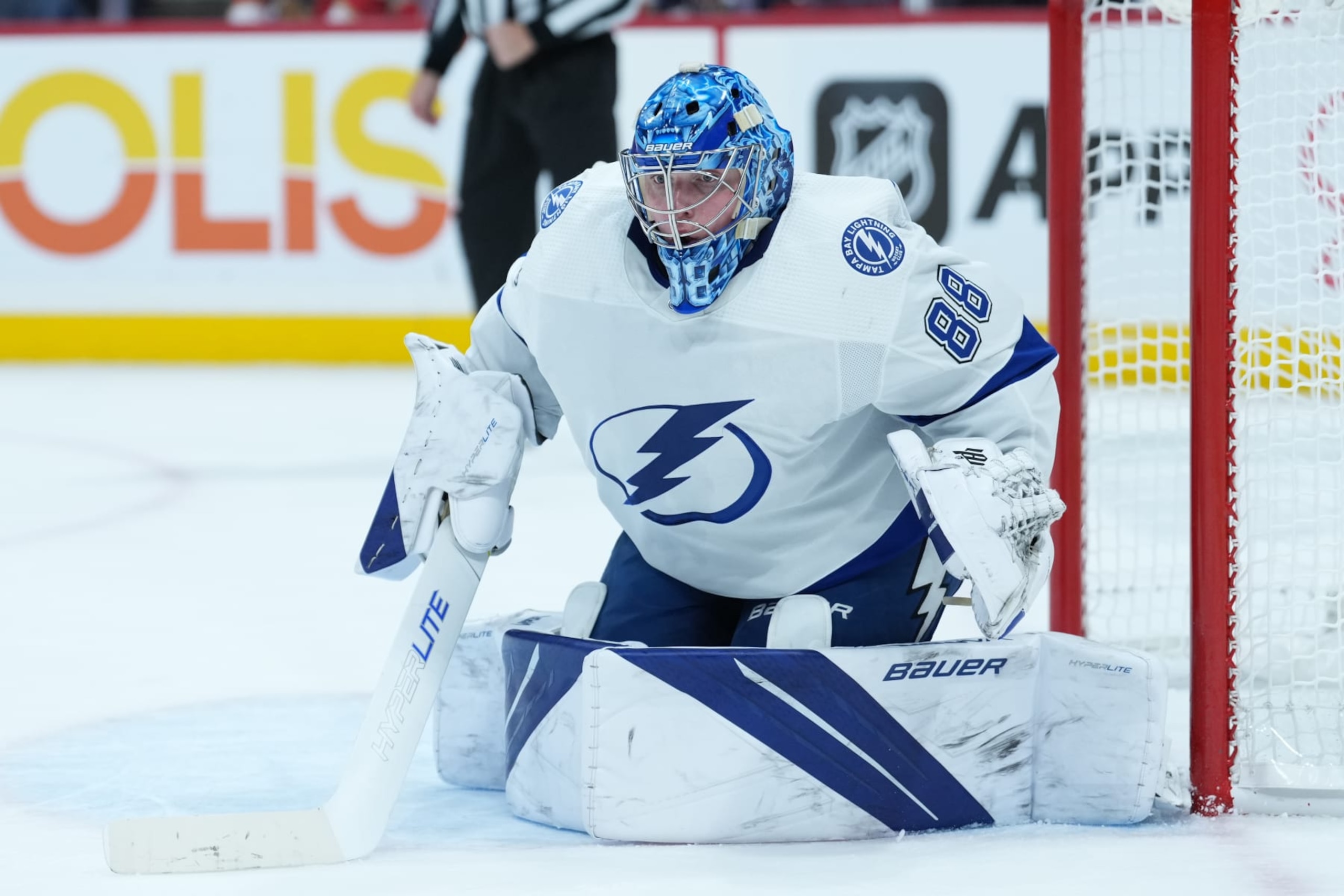 MIAMI, FL - October 21: Tampa Bay Lightning goaltender Andrei Vasilevskiy (88) eyes an incoming opponent looking to make a shot on goal during the game between the Tampa Bay Lightning and the Florida Panthers on Friday, October 21, 2022 at FLA Live Arena in Sunrise, FL (Photo by Peter Joneleit/Icon Sportswire via Getty Images)