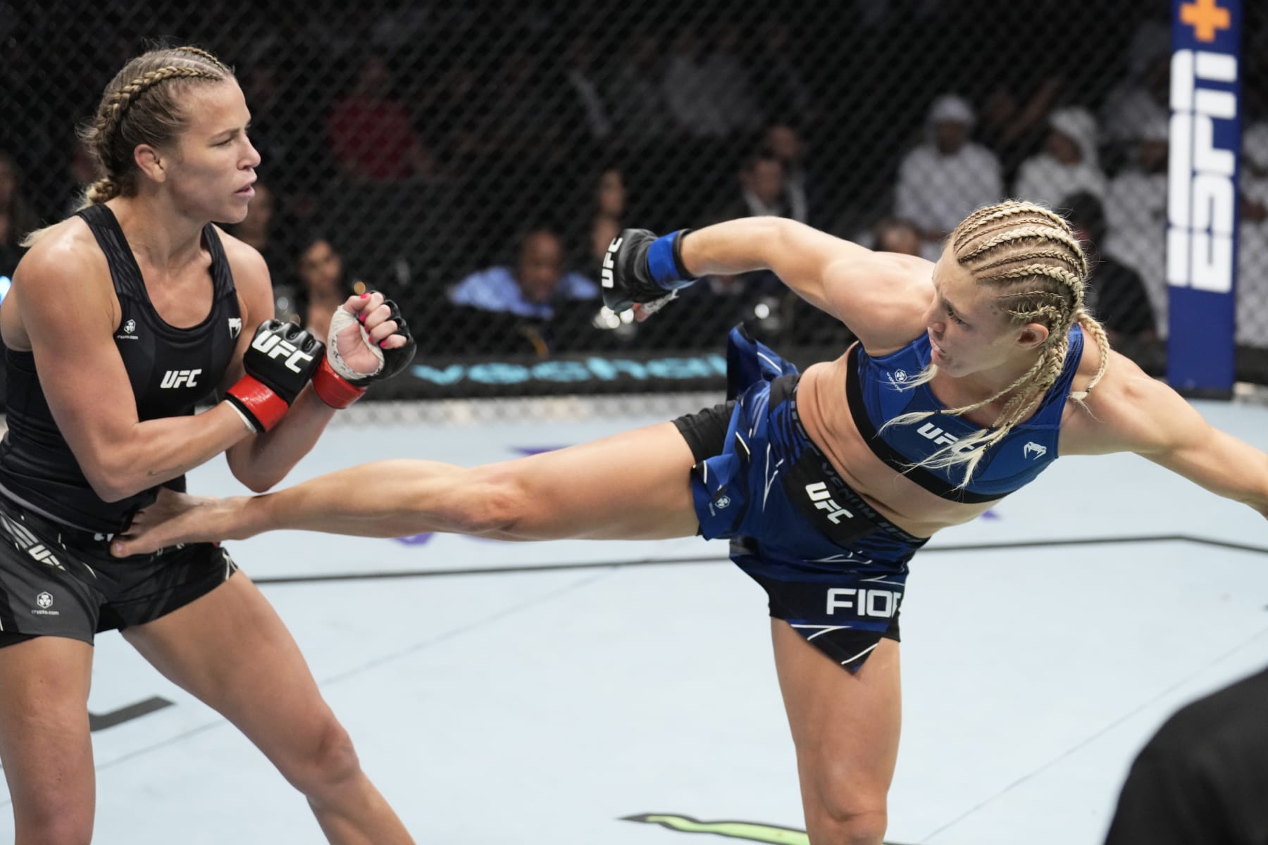 ABU DHABI, UNITED ARAB EMIRATES - OCTOBER 22: (R-L) Manon Fiorot of France kicks Katlyn Chookagian in a flyweight fight during the UFC 280 event at Etihad Arena on October 22, 2022 in Abu Dhabi, United Arab Emirates. (Photo by Chris Unger/Zuffa LLC)