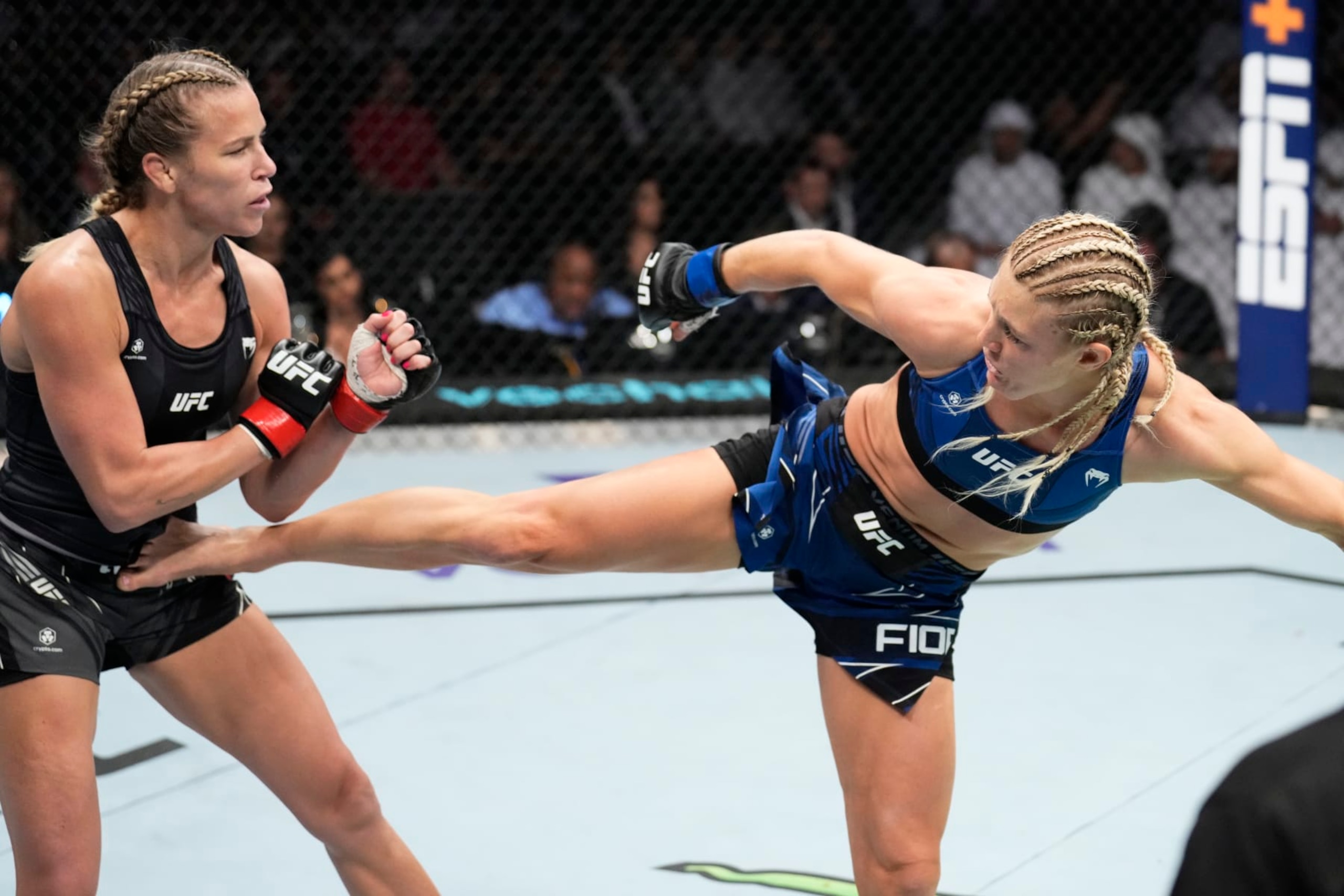 ABU DHABI, UNITED ARAB EMIRATES - OCTOBER 22: (R-L) Manon Fiorot of France kicks Katlyn Chookagian in a flyweight fight during the UFC 280 event at Etihad Arena on October 22, 2022 in Abu Dhabi, United Arab Emirates. (Photo by Chris Unger/Zuffa LLC)