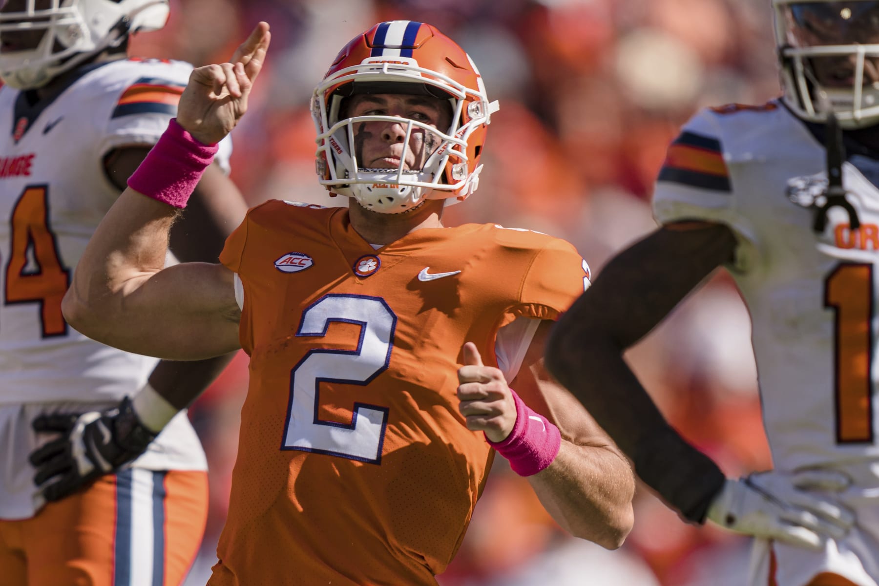 Clemson quarterback Cade Klubnik (2) reacts in the second half during an NCAA college football game against Syracuse on Saturday, Oct. 22, 2022, in Clemson, S.C. (AP Photo/Jacob Kupferman)