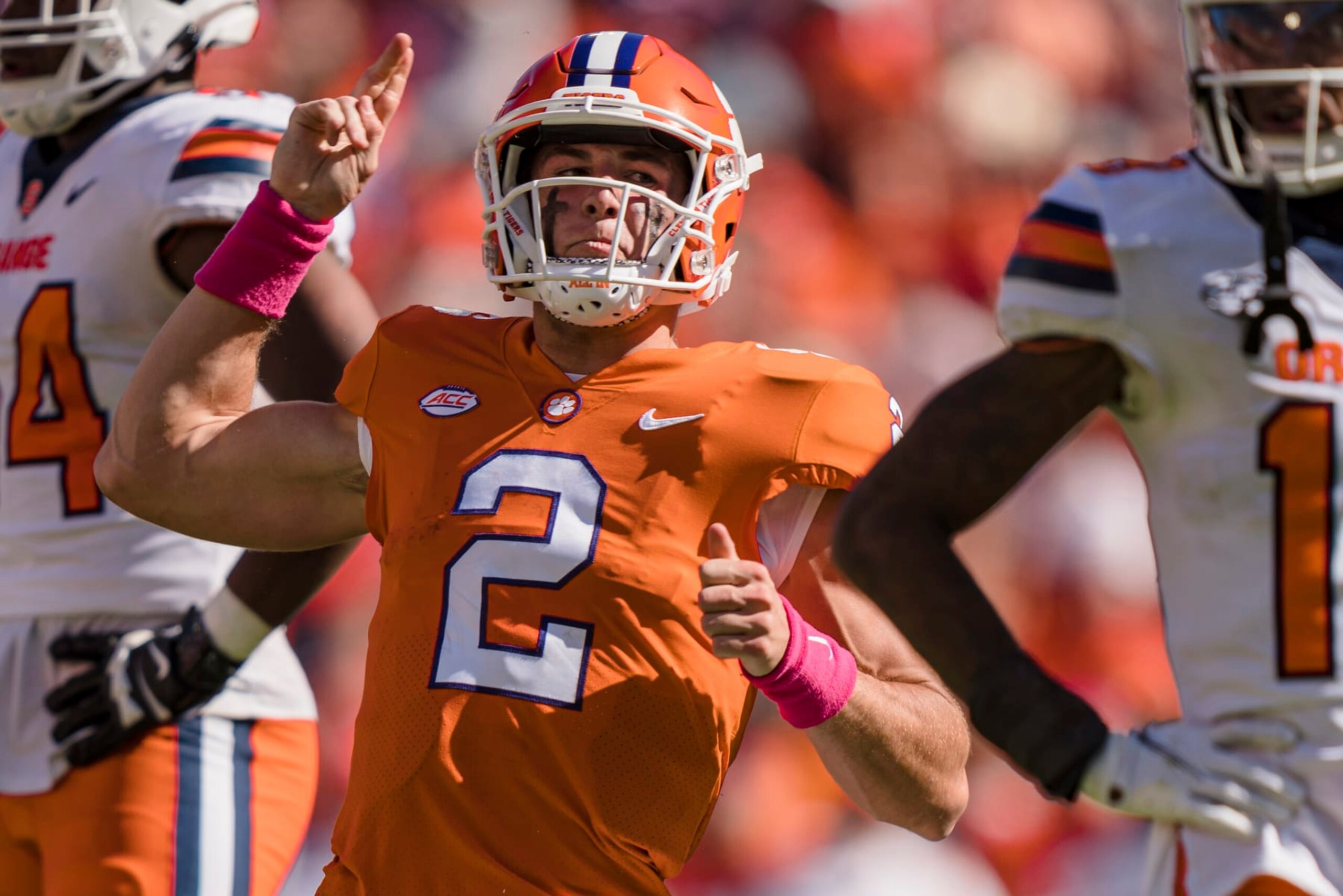 Clemson quarterback Cade Klubnik (2) reacts in the second half during an NCAA college football game against Syracuse on Saturday, Oct. 22, 2022, in Clemson, S.C. (AP Photo/Jacob Kupferman)
