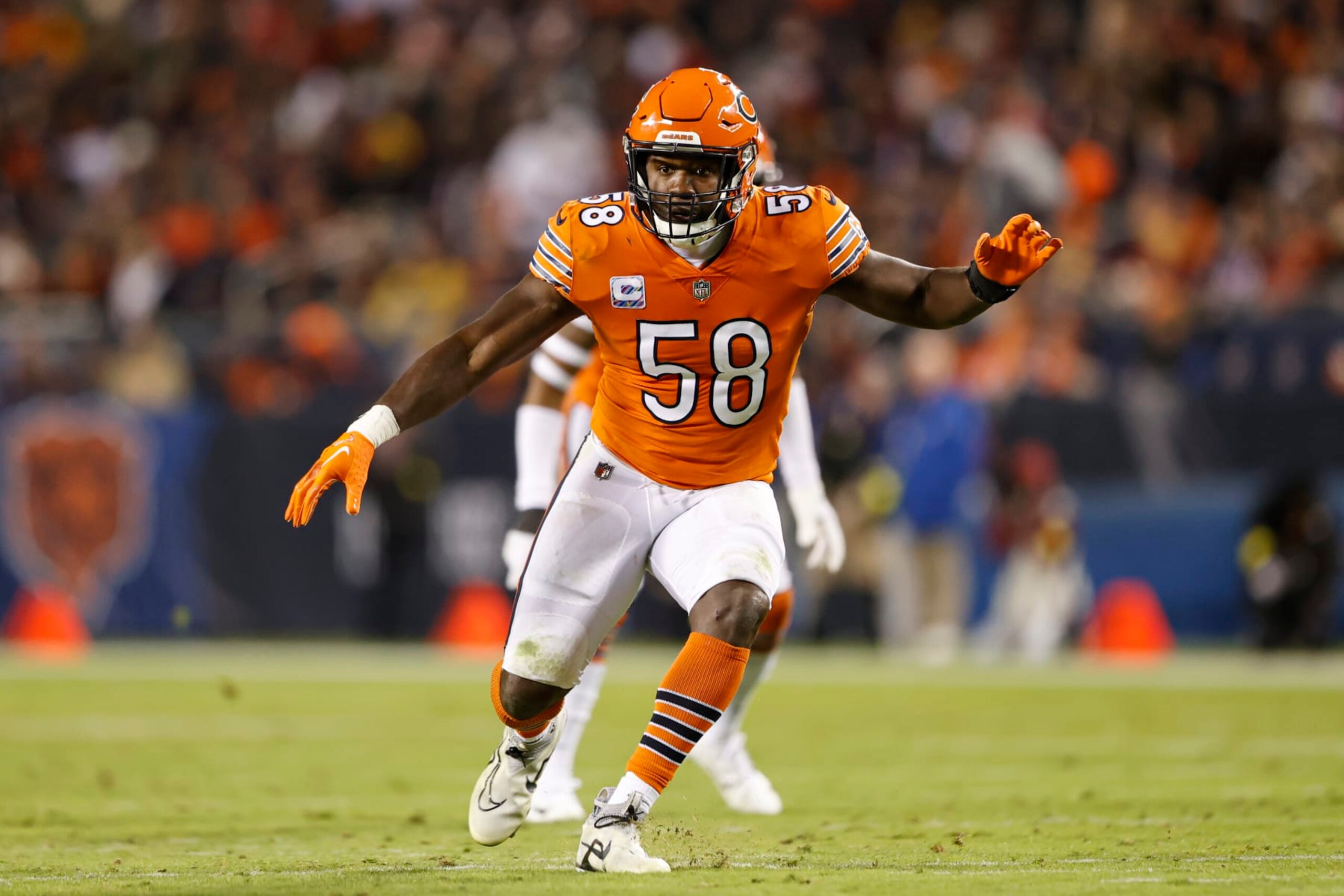 Chicago Bears linebacker Roquan Smith (58) runs on the field during the first half of an NFL football game against the Washington Commanders, Thursday, Oct. 13, 2022, in Chicago. (AP Photo/Kamil Krzaczynski)