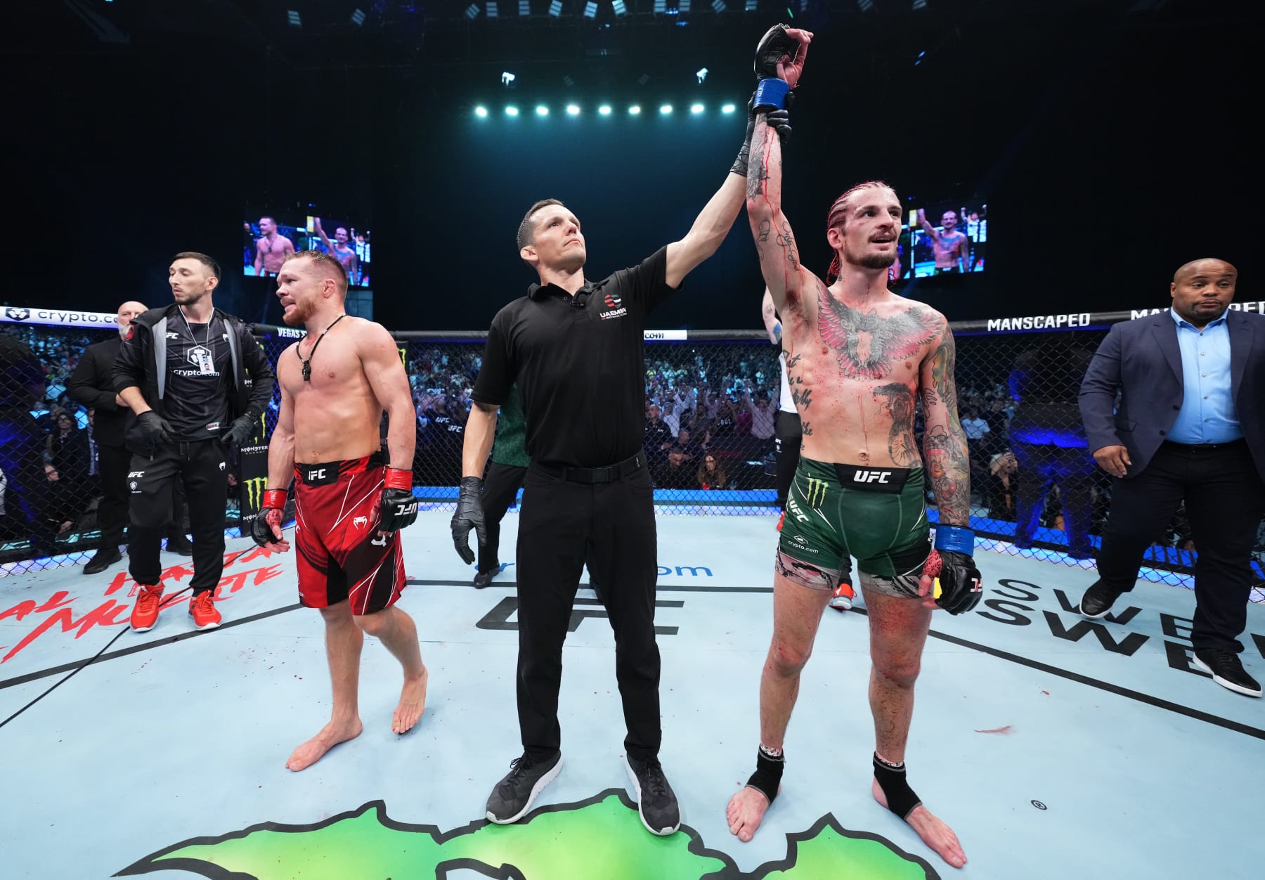ABU DHABI, UNITED ARAB EMIRATES - OCTOBER 22: Sean O'Malley reacts after his victory over Petr Yan of Russia in a bantamweight fight during the UFC 280 event at Etihad Arena on October 22, 2022 in Abu Dhabi, United Arab Emirates. (Photo by Chris Unger/Zuffa LLC)