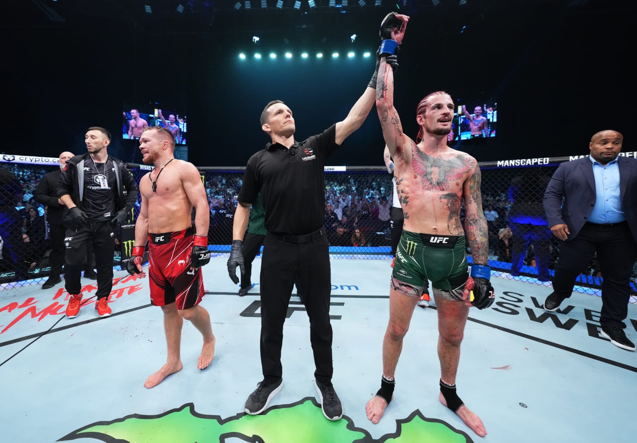 ABU DHABI, UNITED ARAB EMIRATES - OCTOBER 22: Sean O'Malley reacts after his victory over Petr Yan of Russia in a bantamweight fight during the UFC 280 event at Etihad Arena on October 22, 2022 in Abu Dhabi, United Arab Emirates. (Photo by Chris Unger/Zuffa LLC)