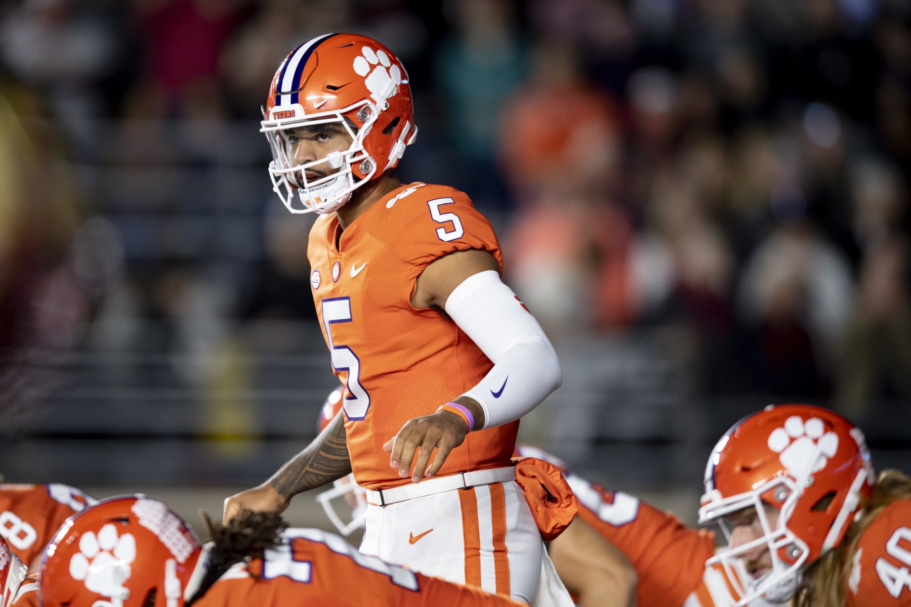CHESTNUT HILL, MA - OCTOBER 08: DJ Uiagalelei #5 of the Clemson Tigers looks on during the first half against the Boston College Eagles at Alumni Stadium on October 8, 2022 in Chestnut Hill, Massachusetts. (Photo by Maddie Malhotra/Getty Images)