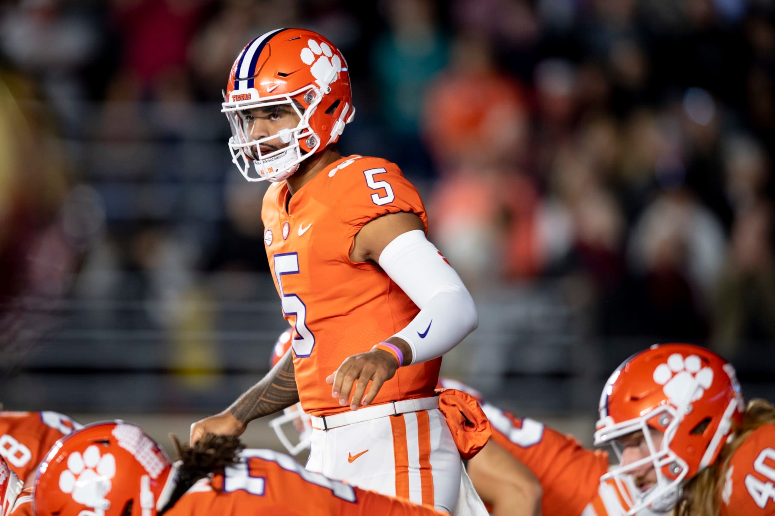 CHESTNUT HILL, MA - OCTOBER 08: DJ Uiagalelei #5 of the Clemson Tigers looks on during the first half against the Boston College Eagles at Alumni Stadium on October 8, 2022 in Chestnut Hill, Massachusetts. (Photo by Maddie Malhotra/Getty Images)