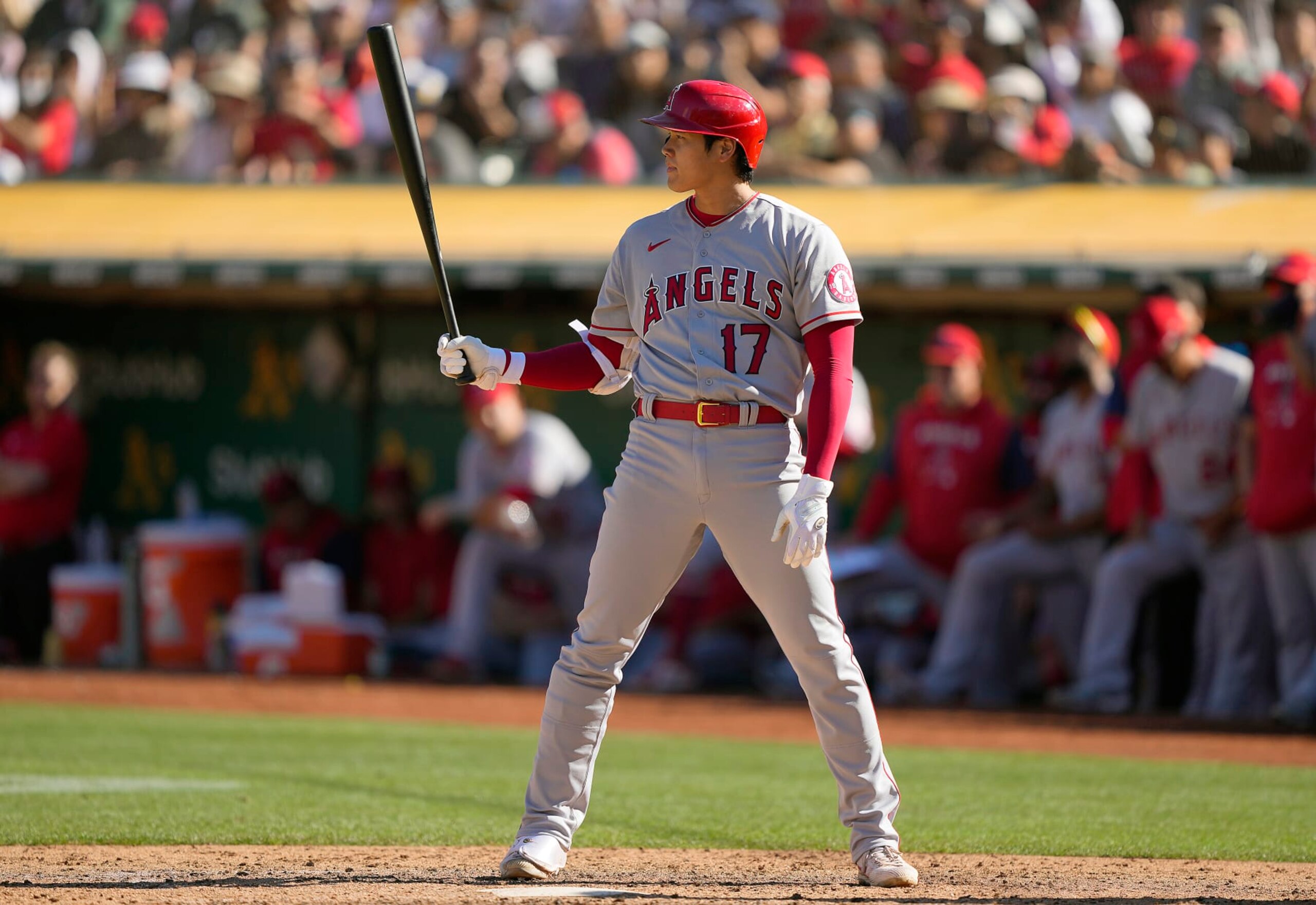 OAKLAND, CALIFORNIA - OCTOBER 05: Shohei Ohtani #17 of the Los Angeles Angels bats against the Oakland Athletics in the top of the eighth inning at RingCentral Coliseum on October 05, 2022 in Oakland, California. (Photo by Thearon W. Henderson/Getty Images)