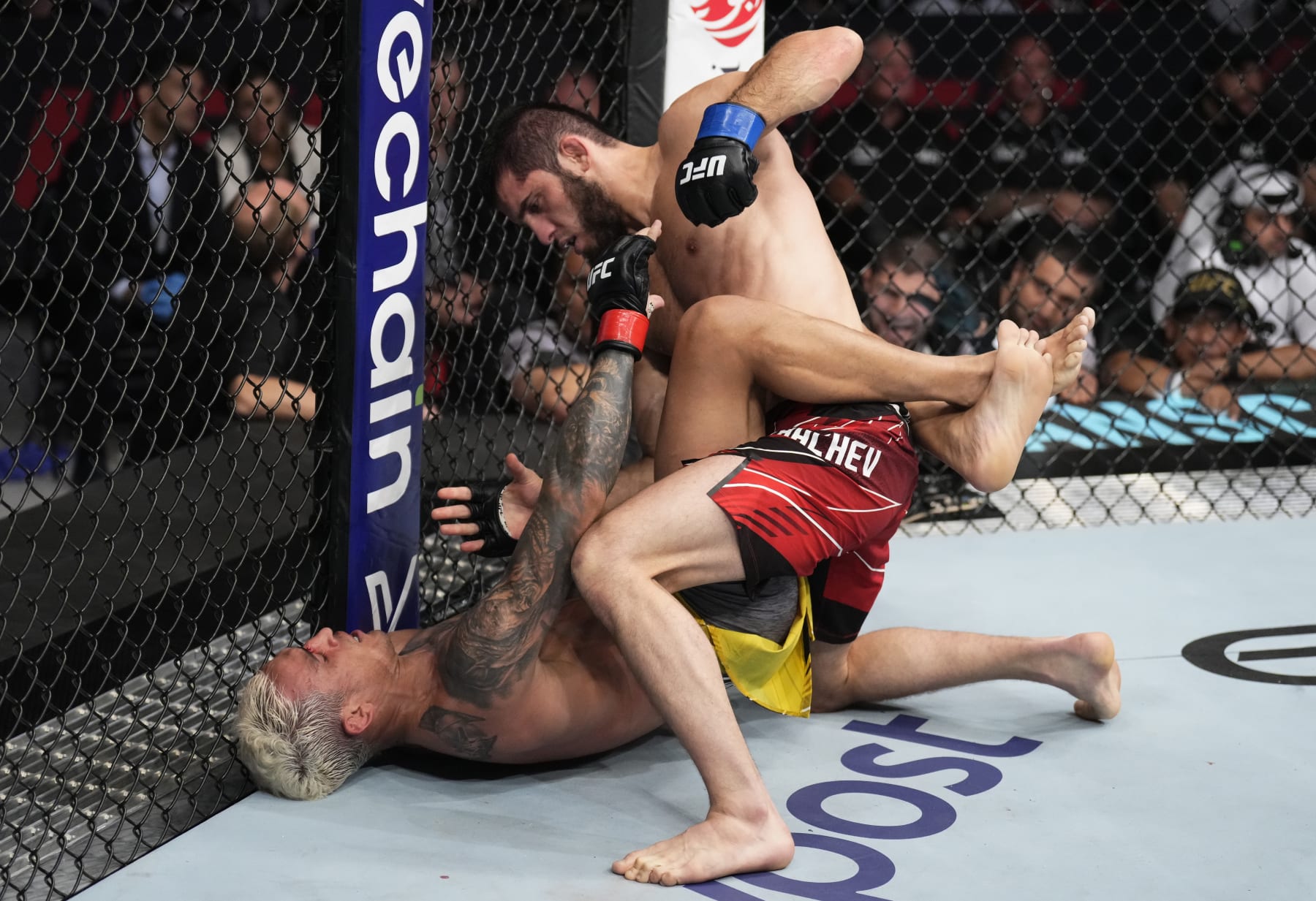 ABU DHABI, UNITED ARAB EMIRATES - OCTOBER 22: (R-L) Islam Makhachev of Russia battles Charles Oliveira of Brazil in their UFC lightweight championship fight during the UFC 280 event at Etihad Arena on October 22, 2022 in Abu Dhabi, United Arab Emirates. (Photo by Chris Unger/Zuffa LLC)