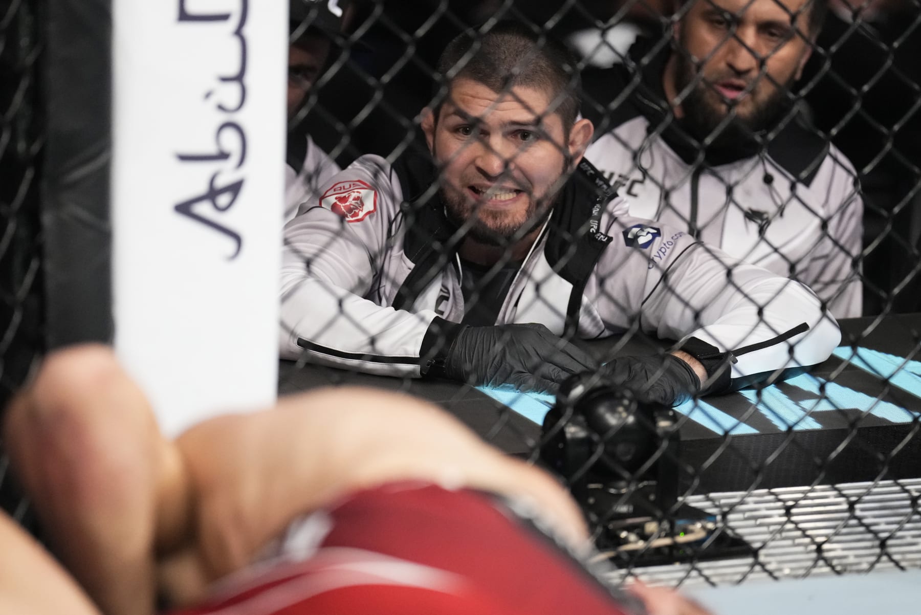 ABU DHABI, UNITED ARAB EMIRATES - OCTOBER 22: Khabib Nurmagomedov is seen in the corner of Islam Makhachev of Russia during his UFC lightweight championship fight against Charles Oliveira of Brazil during the UFC 280 event at Etihad Arena on October 22, 2022 in Abu Dhabi, United Arab Emirates. (Photo by Chris Unger/Zuffa LLC)