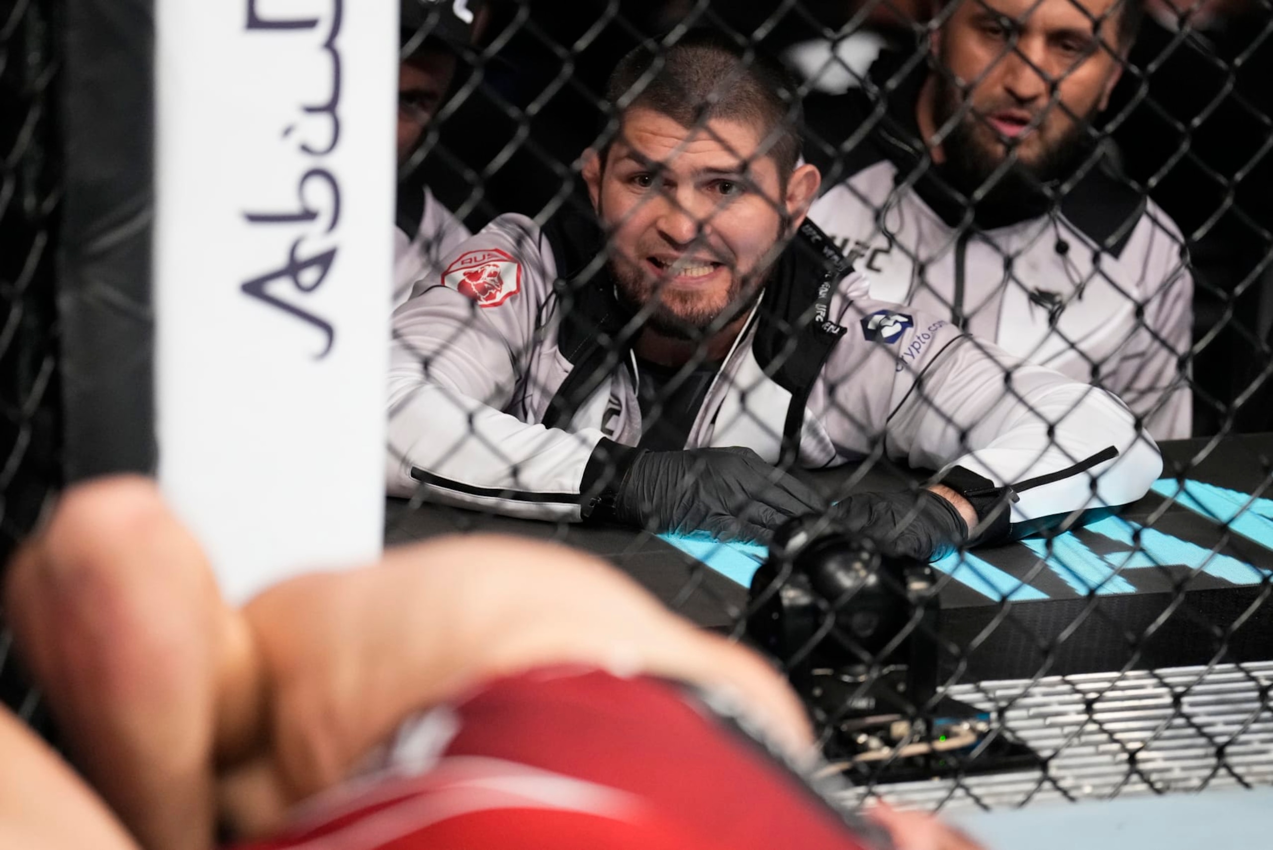 ABU DHABI, UNITED ARAB EMIRATES - OCTOBER 22: Khabib Nurmagomedov is seen in the corner of Islam Makhachev of Russia during his UFC lightweight championship fight against Charles Oliveira of Brazil during the UFC 280 event at Etihad Arena on October 22, 2022 in Abu Dhabi, United Arab Emirates. (Photo by Chris Unger/Zuffa LLC)