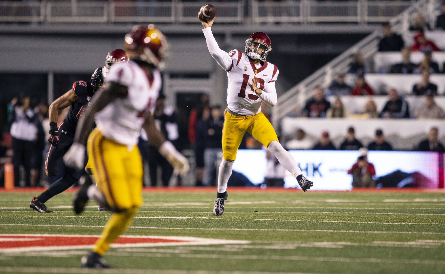 SALT LAKE CITY UT- OCTOBER 15:  Caleb Williams #13 of the USC Trojans throws a pass during the second half of their game against the Utah Utes October 15, 2022 Rice-Eccles Stadium in Salt Lake City Utah. (Photo by Chris Gardner/ Getty Images)