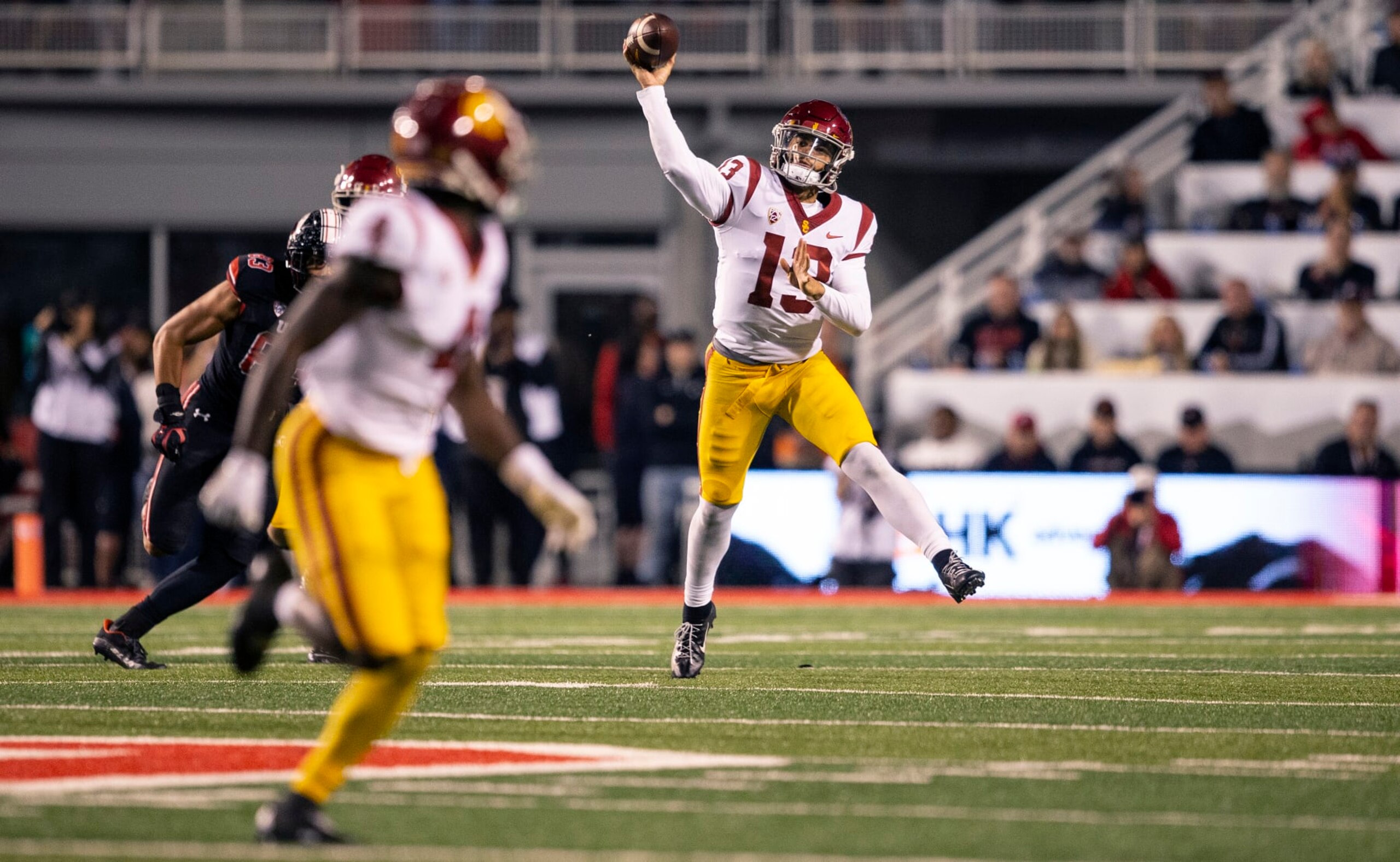 SALT LAKE CITY UT- OCTOBER 15: Caleb Williams #13 of the USC Trojans throws a pass during the second half of their game against the Utah Utes October 15, 2022 Rice-Eccles Stadium in Salt Lake City Utah. (Photo by Chris Gardner/ Getty Images) SALT LAKE CITY UT- OCTOBER 15: Caleb Williams #13 of the USC Trojans throws a pass during the second half of their game against the Utah Utes October 15, 2022 Rice-Eccles Stadium in Salt Lake City Utah. (Photo by Chris Gardner/ Getty Images)