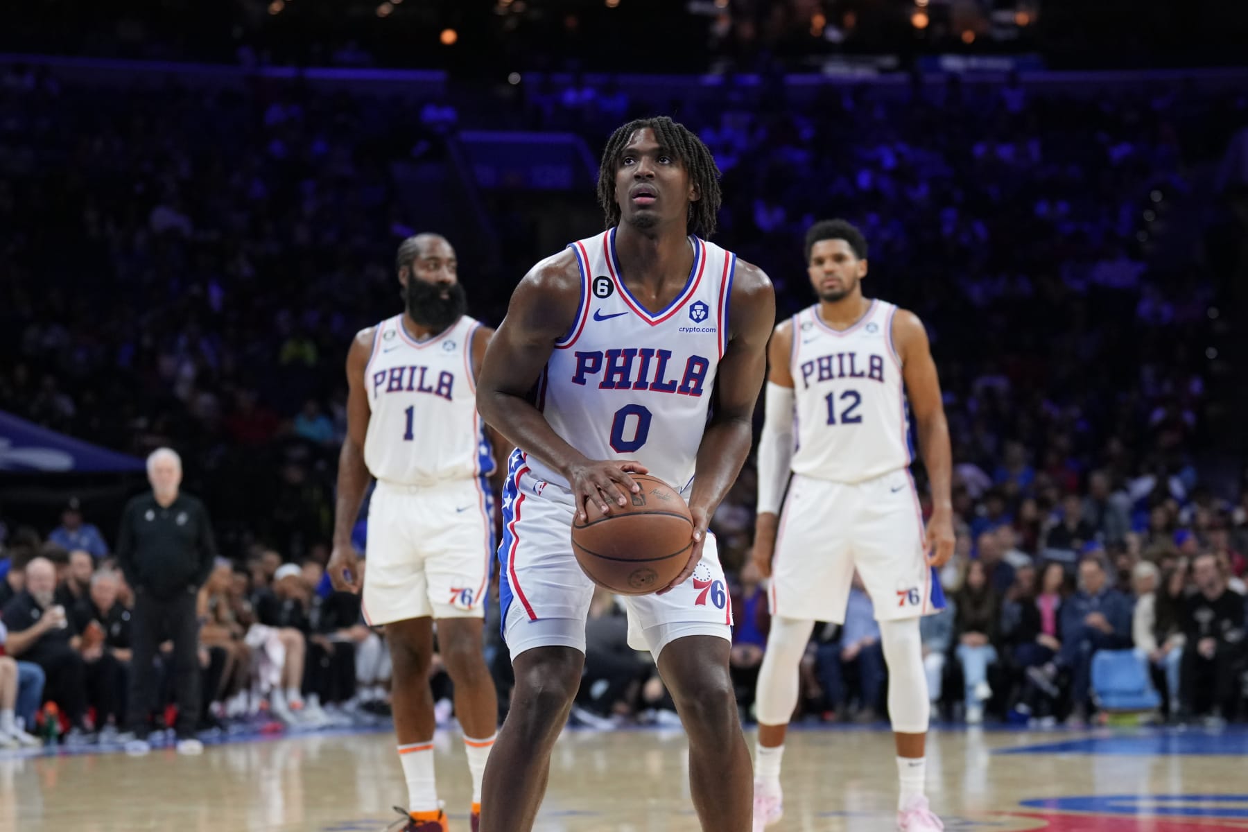 PHILADELPHIA, PA - OCTOBER 22: Tyrese Maxey #0 of the Philadelphia 76ers prepares to shoot a free throw during the game against the San Antonio Spurs on October 22, 2022 at the Wells Fargo Center in Philadelphia, Pennsylvania NOTE TO USER: User expressly acknowledges and agrees that, by downloading and/or using this Photograph, user is consenting to the terms and conditions of the Getty Images License Agreement. Mandatory Copyright Notice: Copyright 2022 NBAE (Photo by Jesse D. Garrabrant/NBAE via Getty Images)