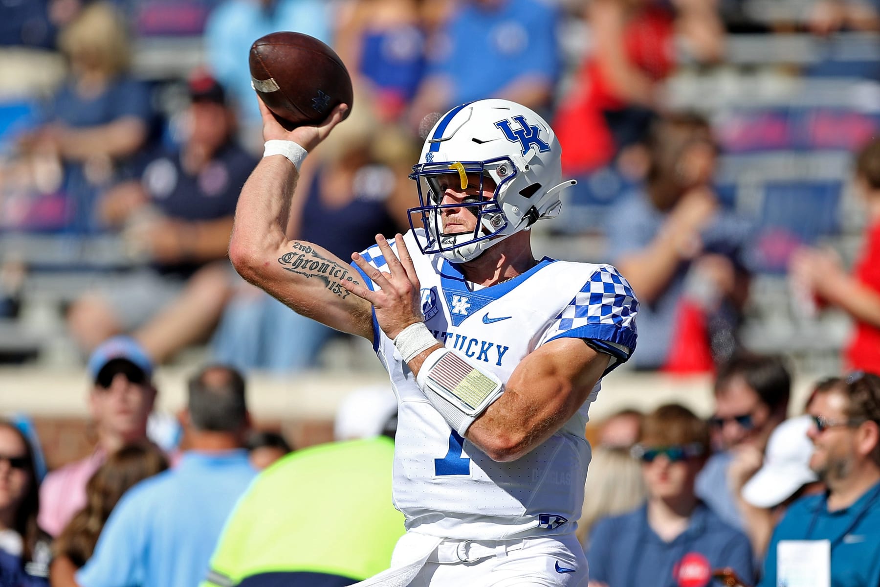 OXFORD, MISSISSIPPI - OCTOBER 01: Will Levis #7 of the Kentucky Wildcats warms up before the game against the Mississippi Rebels at Vaught-Hemingway Stadium on October 01, 2022 in Oxford, Mississippi. (Photo by Justin Ford/Getty Images)