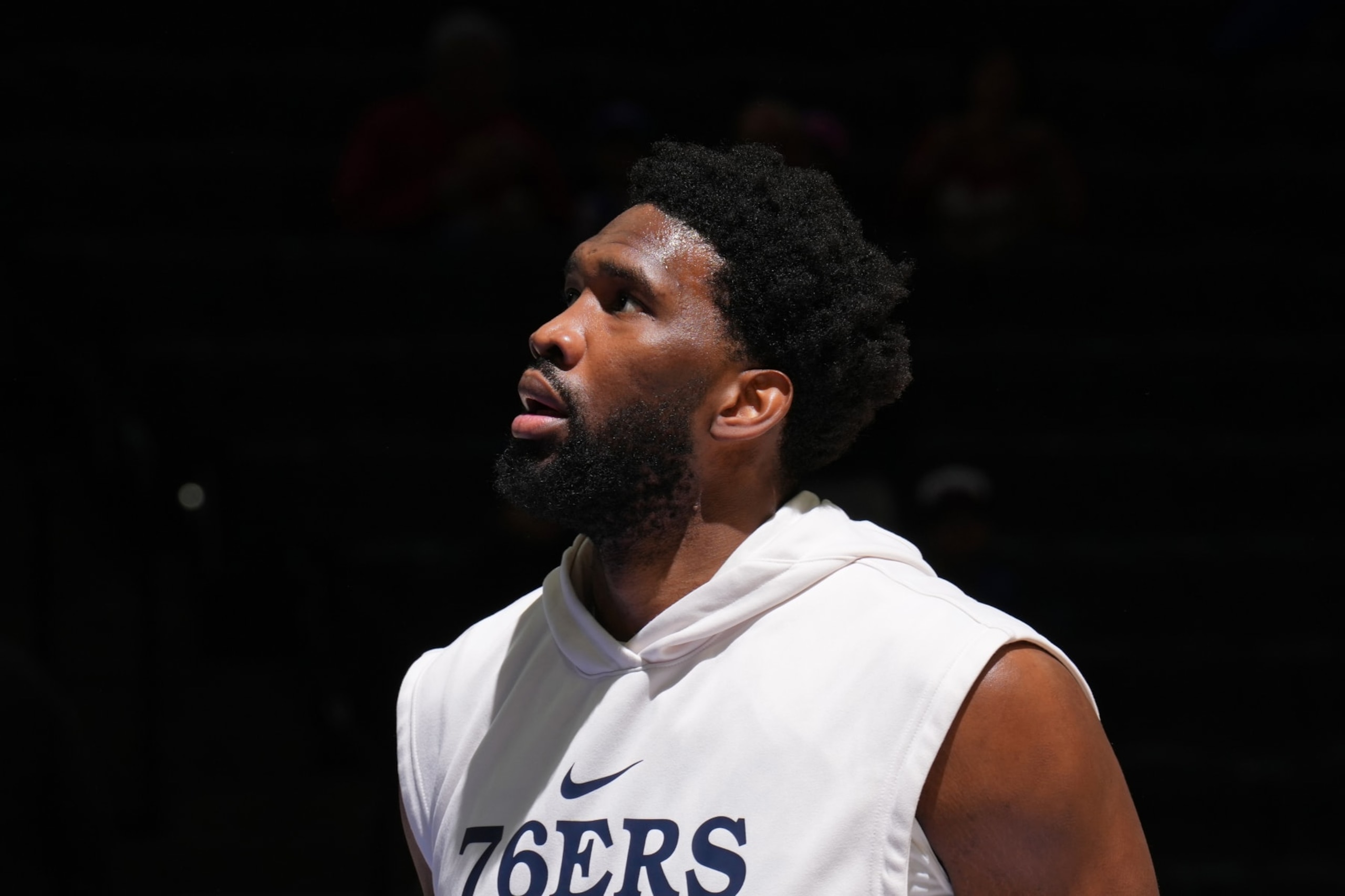 PHILADELPHIA, PA - OCTOBER 22: Joel Embiid #21 of the Philadelphia 76ers looks on before the game against the San Antonio Spurs on October 22, 2022 at the Wells Fargo Center in Philadelphia, Pennsylvania NOTE TO USER: User expressly acknowledges and agrees that, by downloading and/or using this Photograph, user is consenting to the terms and conditions of the Getty Images License Agreement. Mandatory Copyright Notice: Copyright 2022 NBAE (Photo by Jesse D. Garrabrant/NBAE via Getty Images)