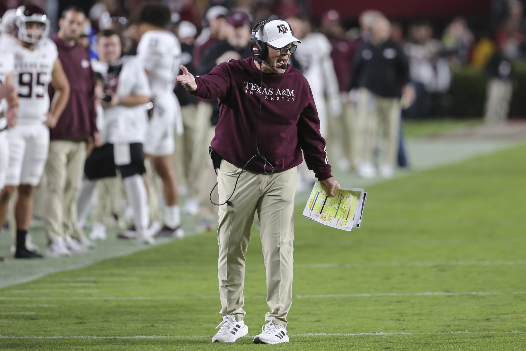 Texas A&M coach Jimbo Fisher gestures during the first half of the team's NCAA college football game against South Carolina on Saturday, Oct. 22, 2022, in Columbia, S.C. (AP Photo/Artie Walker Jr.)