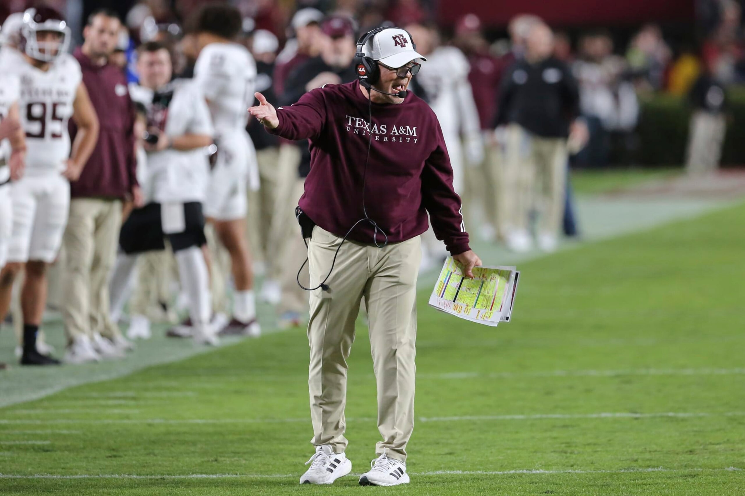 Texas A&M coach Jimbo Fisher gestures during the first half of the team's NCAA college football game against South Carolina on Saturday, Oct. 22, 2022, in Columbia, S.C. (AP Photo/Artie Walker Jr.)