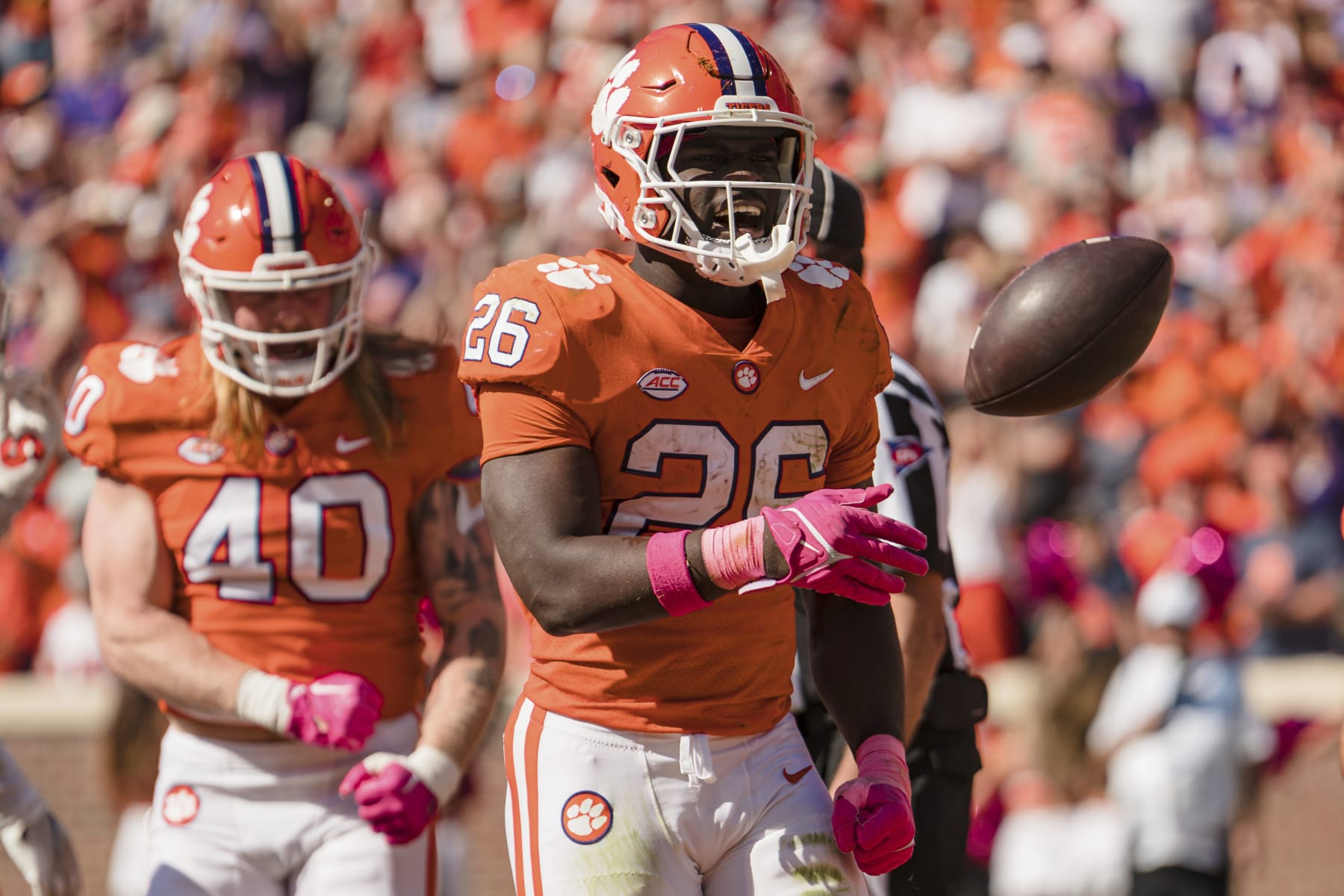 Clemson running back Phil Mafah (26) reacts after scoring a touchdown in the second half during an NCAA college football game against Syracuse on Saturday, Oct. 22, 2022, in Clemson, S.C. (AP Photo/Jacob Kupferman)
