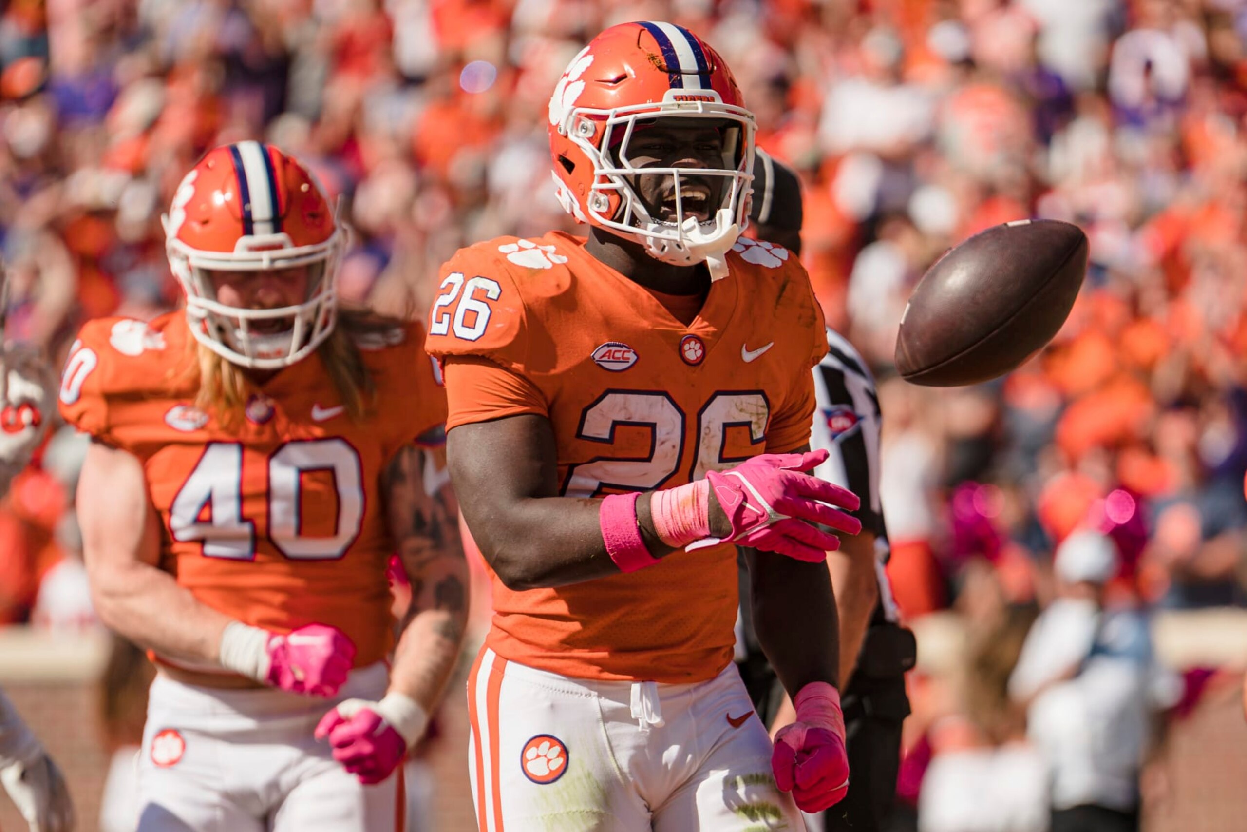 Clemson running back Phil Mafah (26) reacts after scoring a touchdown in the second half during an NCAA college football game against Syracuse on Saturday, Oct. 22, 2022, in Clemson, S.C. (AP Photo/Jacob Kupferman)