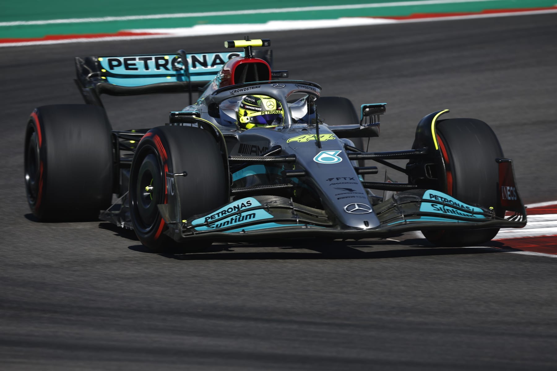 AUSTIN, TEXAS - OCTOBER 22: Lewis Hamilton of Great Britain driving the (44) Mercedes AMG Petronas F1 Team W13 on track during final practice ahead of the F1 Grand Prix of USA at Circuit of The Americas on October 22, 2022 in Austin, Texas. (Photo by Chris Graythen/Getty Images)