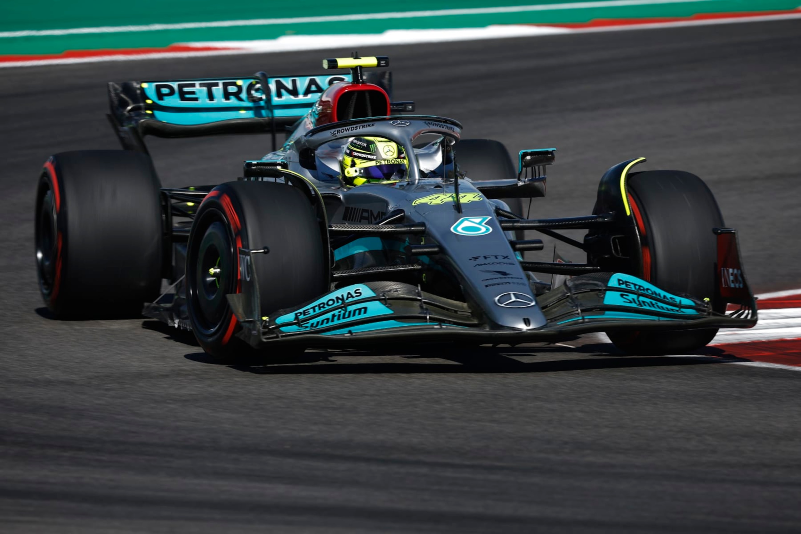 AUSTIN, TEXAS - OCTOBER 22: Lewis Hamilton of Great Britain driving the (44) Mercedes AMG Petronas F1 Team W13 on track during final practice ahead of the F1 Grand Prix of USA at Circuit of The Americas on October 22, 2022 in Austin, Texas. (Photo by Chris Graythen/Getty Images)