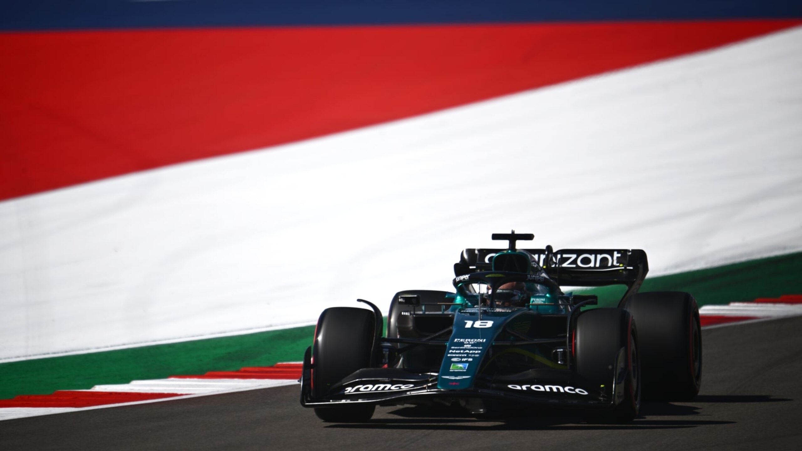 AUSTIN, TEXAS - OCTOBER 22: Lance Stroll of Canada driving the (18) Aston Martin AMR22 Mercedes on track during final practice ahead of the F1 Grand Prix of USA at Circuit of The Americas on October 22, 2022 in Austin, Texas. (Photo by Clive Mason - Formula 1/Formula 1 via Getty Images)