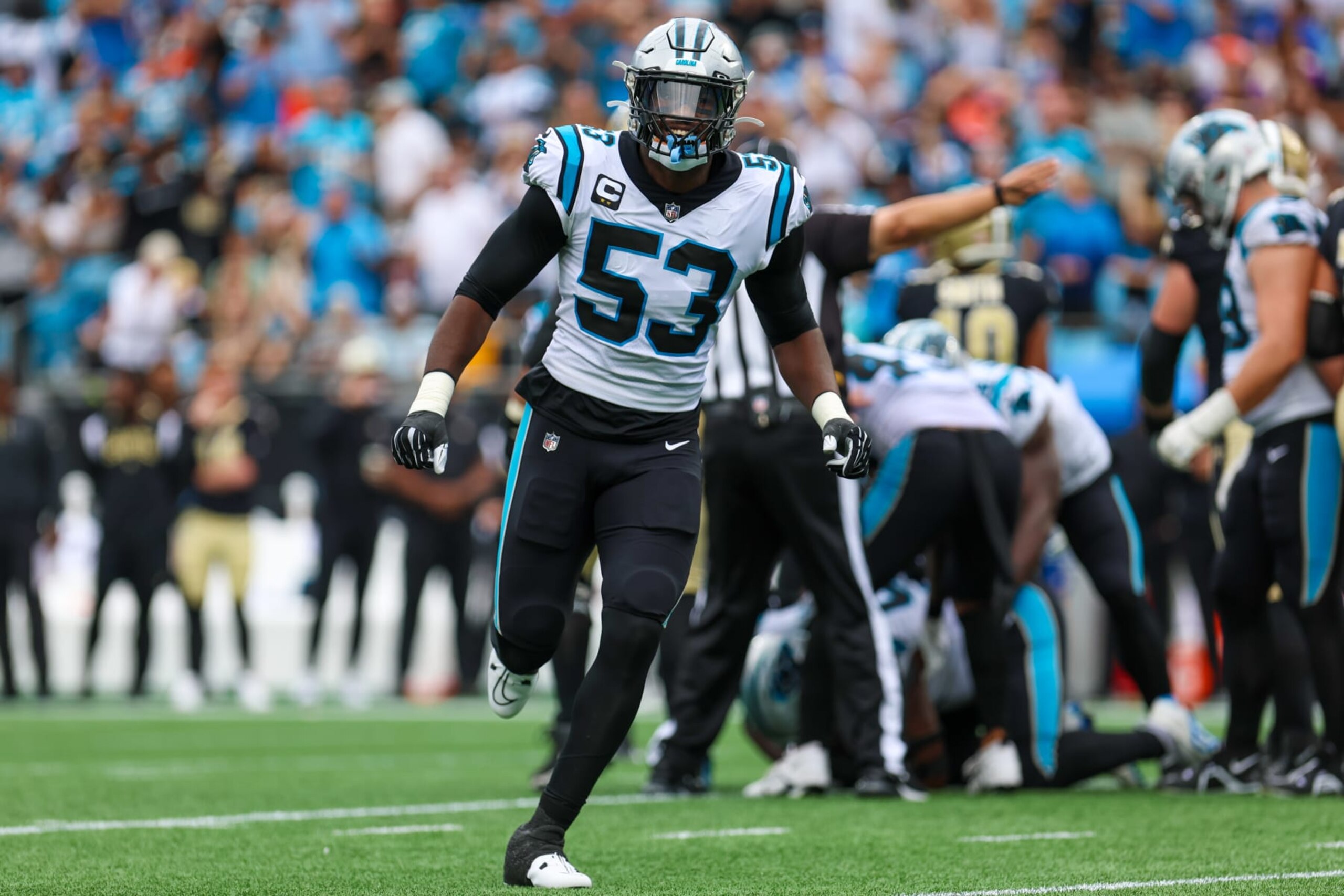 CHARLOTTE, NC - SEPTEMBER 25: Brian Burns (53) of the Carolina Panthers celebrates after a turnover during a football game between the Carolina Panthers and the New Orleans Saints on September 25, 2022, at Bank of America Stadium in Charlotte, NC. (Photo by David Jensen/Icon Sportswire via Getty Images) CHARLOTTE, NC - SEPTEMBER 25: Brian Burns (53) of the Carolina Panthers celebrates after a turnover during a football game between the Carolina Panthers and the New Orleans Saints on September 25, 2022, at Bank of America Stadium in Charlotte, NC. (Photo by David Jensen/Icon Sportswire via Getty Images)