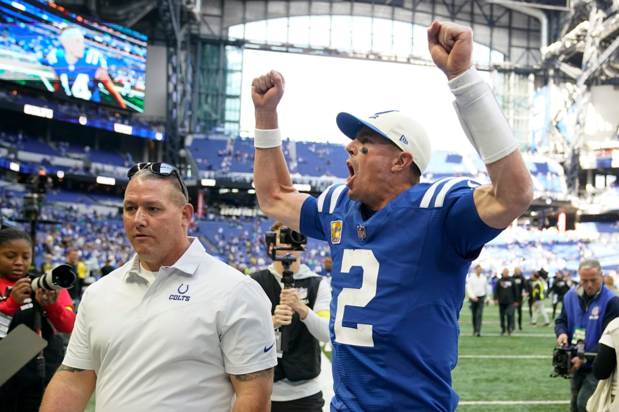 Indianapolis Colts quarterback Matt Ryan reacts as he leaves the field following an NFL football game against the Jacksonville Jaguars, Sunday, Oct. 16, 2022, in Indianapolis.(AP Photo/Michael Conroy)