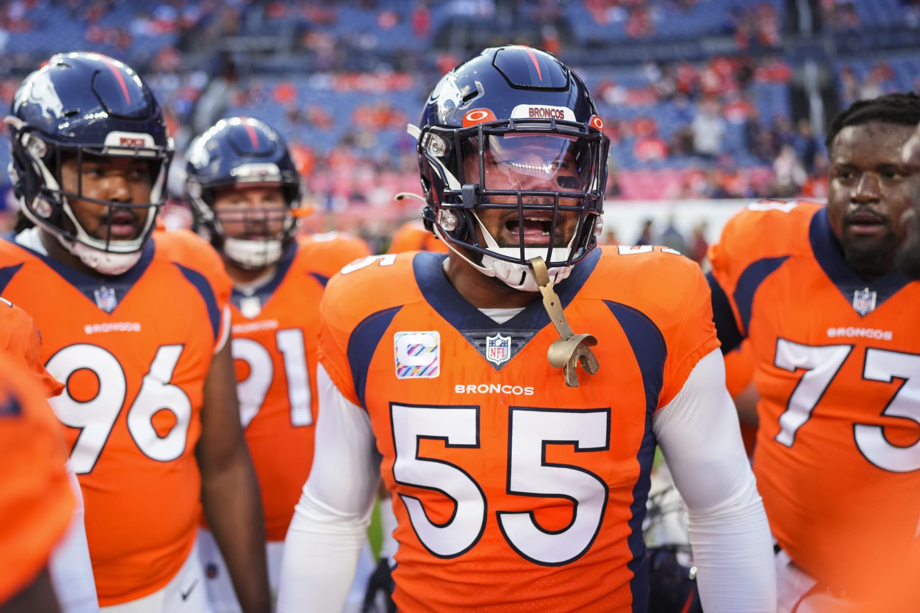 DENVER, CO - OCTOBER 06: Bradley Chubb #55 of the Denver Broncos leads the pregame huddle against the Indianapolis Colts at Empower Field at Mile High on October 6, 2022 in Denver, Texas. (Photo by Cooper Neill/Getty Images)