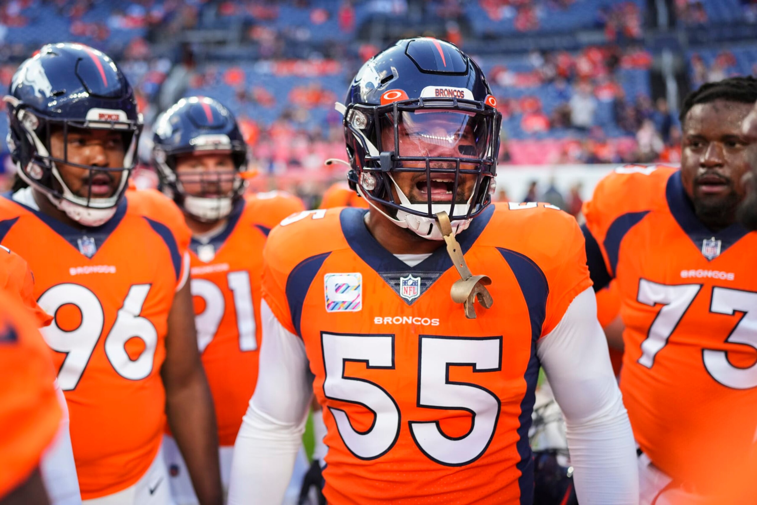 DENVER, CO - OCTOBER 06: Bradley Chubb #55 of the Denver Broncos leads the pregame huddle against the Indianapolis Colts at Empower Field at Mile High on October 6, 2022 in Denver, Texas. (Photo by Cooper Neill/Getty Images)