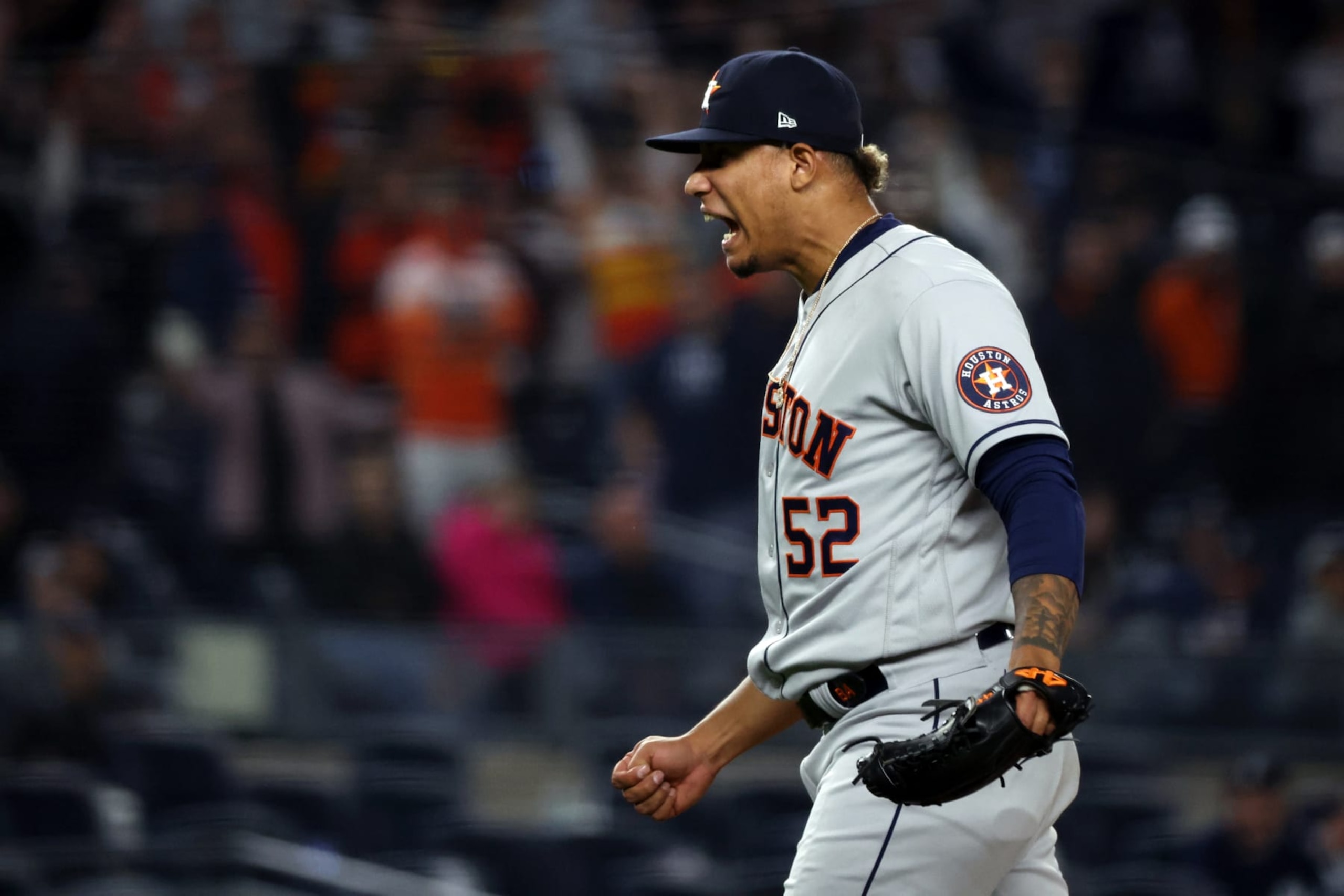 NEW YORK, NY - OCTOBER 22:  Bryan Abreu #52 of the Houston Astros celebrates after the Yankees defeated the New York Yankees in Game 3 of the ALCS at Yankee Stadium on Saturday, October 22, 2022 in New York, New York. (Photo by Mary DeCicco/MLB Photos via Getty Images)