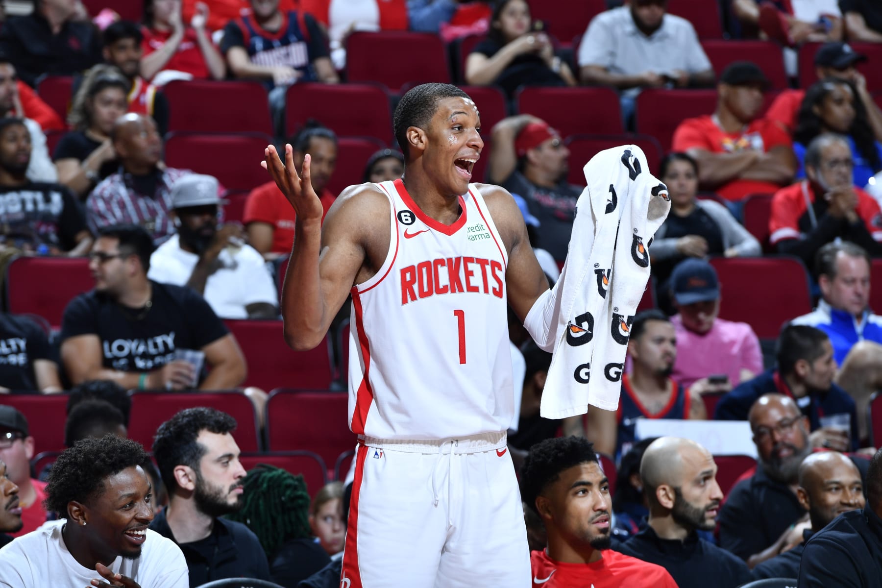 HOUSTON, TX - OCTOBER 2: Jabari Smith Jr. #1 of the Houston Rockets reacts to a play against the San Antonio Spurs during a preseason game on October 2, 2022 at the Toyota Center in Houston, Texas. NOTE TO USER: User expressly acknowledges and agrees that, by downloading and or using this photograph, User is consenting to the terms and conditions of the Getty Images License Agreement. Mandatory Copyright Notice: Copyright 2022 NBAE (Photo by Logan Riely/NBAE via Getty Images)