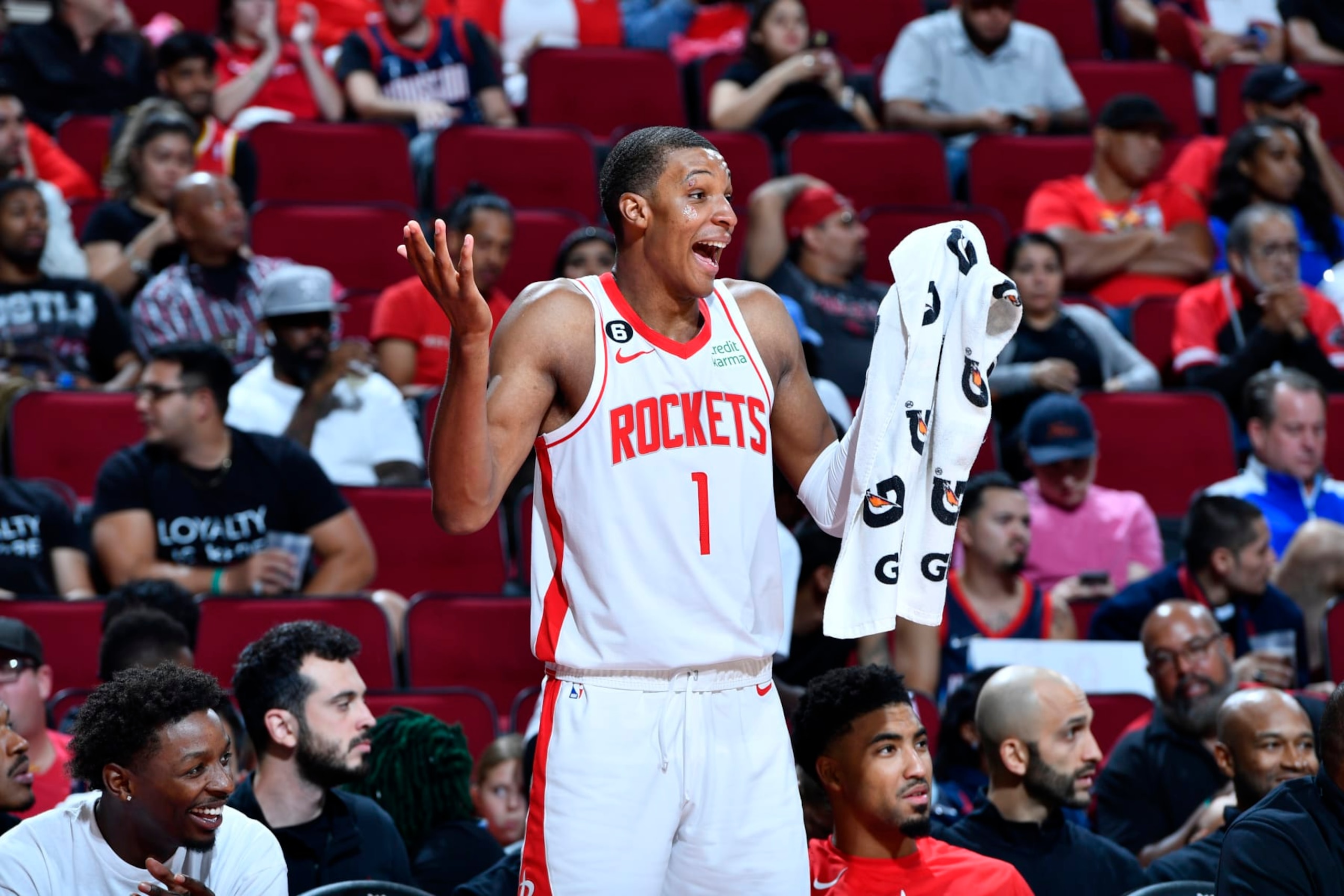 HOUSTON, TX - OCTOBER 2: Jabari Smith Jr. #1 of the Houston Rockets reacts to a play against the San Antonio Spurs during a preseason game on October 2, 2022 at the Toyota Center in Houston, Texas. NOTE TO USER: User expressly acknowledges and agrees that, by downloading and or using this photograph, User is consenting to the terms and conditions of the Getty Images License Agreement. Mandatory Copyright Notice: Copyright 2022 NBAE (Photo by Logan Riely/NBAE via Getty Images)