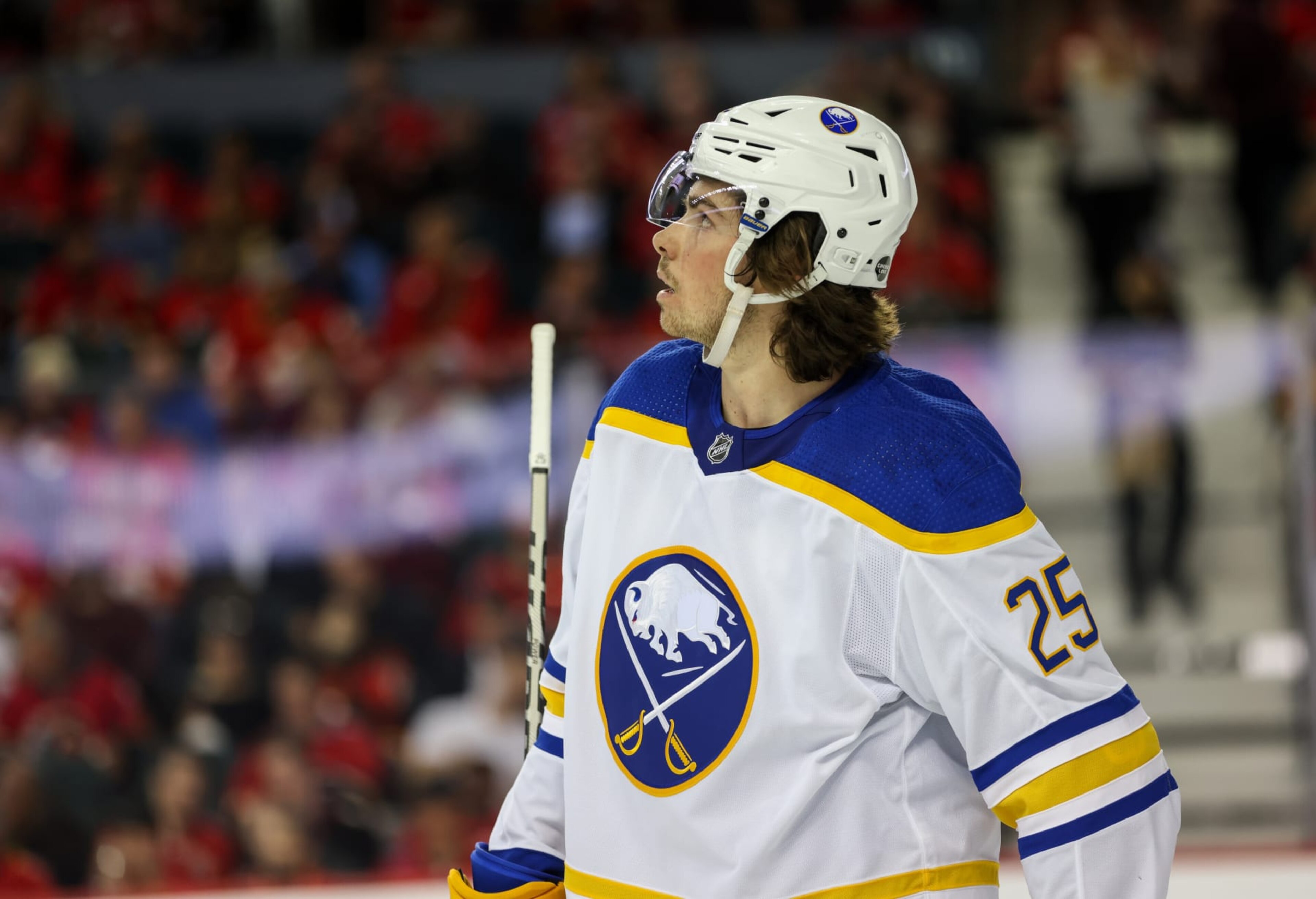 CALGARY, CANADA - OCTOBER 20: Buffalo Sabres Owen Power #25 prepares to face off against the Calgary Flames at Scotiabank Saddledome on October 20, 2022 in Calgary, Alberta Canada. (Photo by Leah Hennel/Getty Images) CALGARY, CANADA - OCTOBER 20: Buffalo Sabres Owen Power #25 prepares to face off against the Calgary Flames at Scotiabank Saddledome on October 20, 2022 in Calgary, Alberta Canada. (Photo by Leah Hennel/Getty Images)