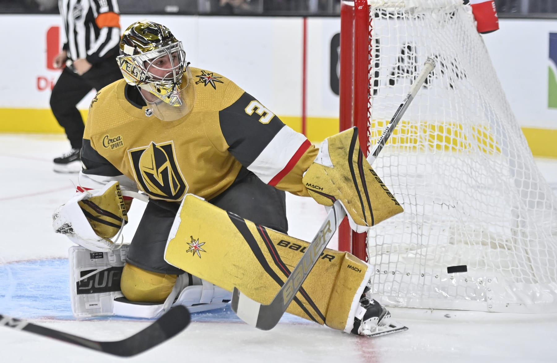 LAS VEGAS, NEVADA - OCTOBER 22: Logan Thompson #36 of the Vegas Golden Knights makes a save during the second period against the Colorado Avalanche at T-Mobile Arena on October 22, 2022 in Las Vegas, Nevada. (Photo by David Becker/NHLI via Getty Images)