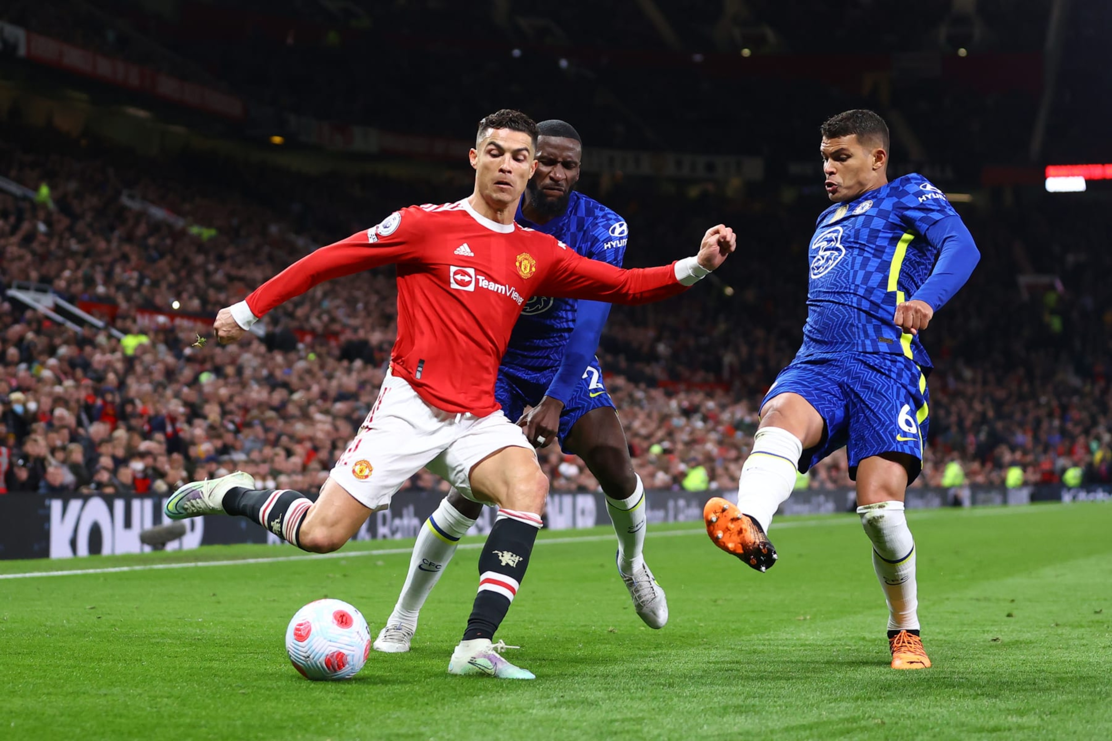 MANCHESTER, ENGLAND - APRIL 28: Cristiano Ronaldo of Manchester United celebrates victory Antonio Ruediger and Thiago Silva of Chelsea during the Premier League match between Manchester United and Chelsea at Old Trafford on April 28, 2022 in Manchester, England. (Photo by Michael Steele/Getty Images) MANCHESTER, ENGLAND - APRIL 28: Cristiano Ronaldo of Manchester United celebrates victory Antonio Ruediger and Thiago Silva of Chelsea during the Premier League match between Manchester United and Chelsea at Old Trafford on April 28, 2022 in Manchester, England. (Photo by Michael Steele/Getty Images)