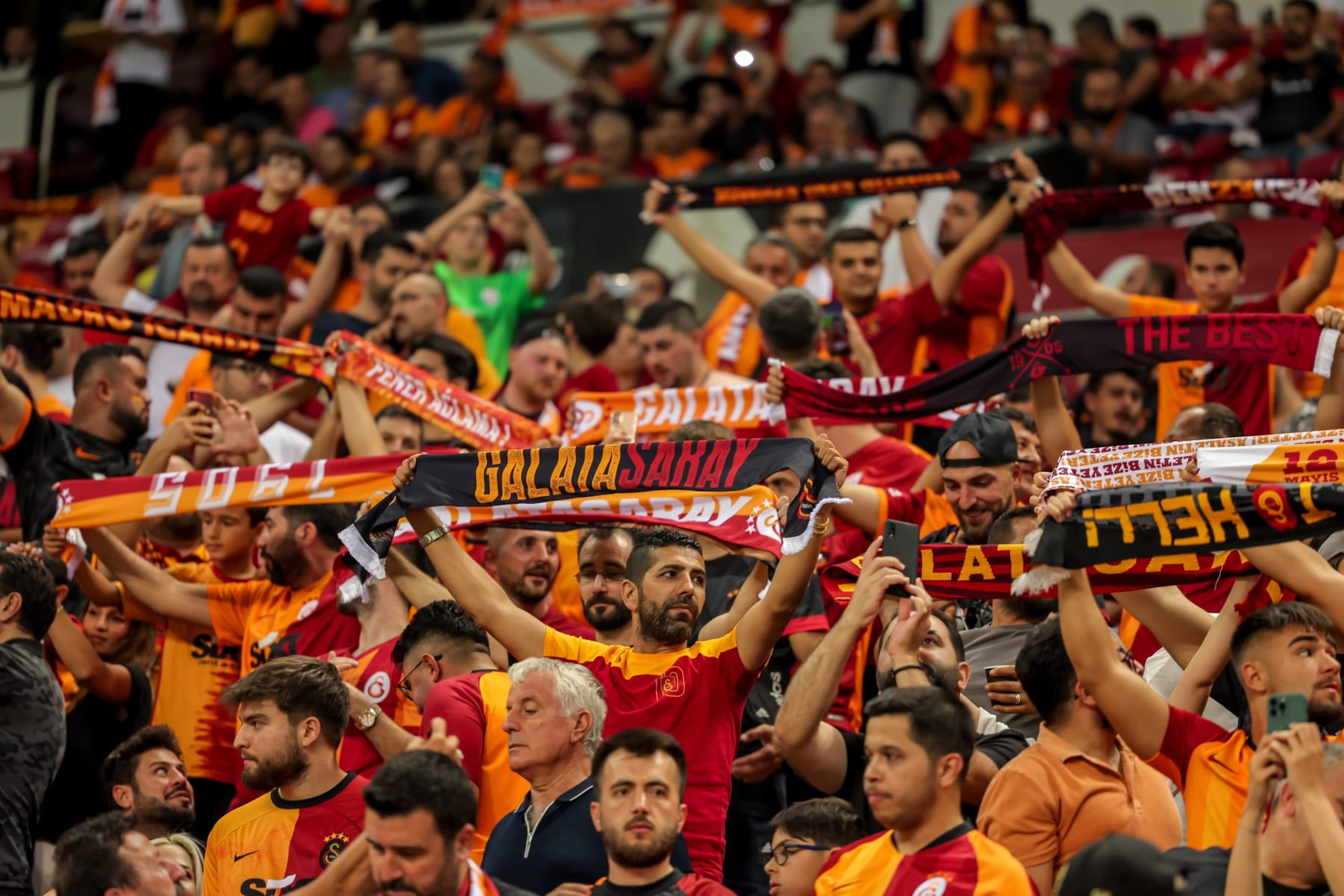 ISTANBUL, TURKEY - SEPTEMBER 16: Fans of Galatasaray during the Turkish Super Lig match between Galatasaray and Konyaspor at Stadion NEF Stadyumu on September 16, 2022 in Istanbul, Turkey (Photo by /Orange Pictures/BSR Agency/Getty Images) ISTANBUL, TURKEY - SEPTEMBER 16: Fans of Galatasaray during the Turkish Super Lig match between Galatasaray and Konyaspor at Stadion NEF Stadyumu on September 16, 2022 in Istanbul, Turkey (Photo by /Orange Pictures/BSR Agency/Getty Images)
