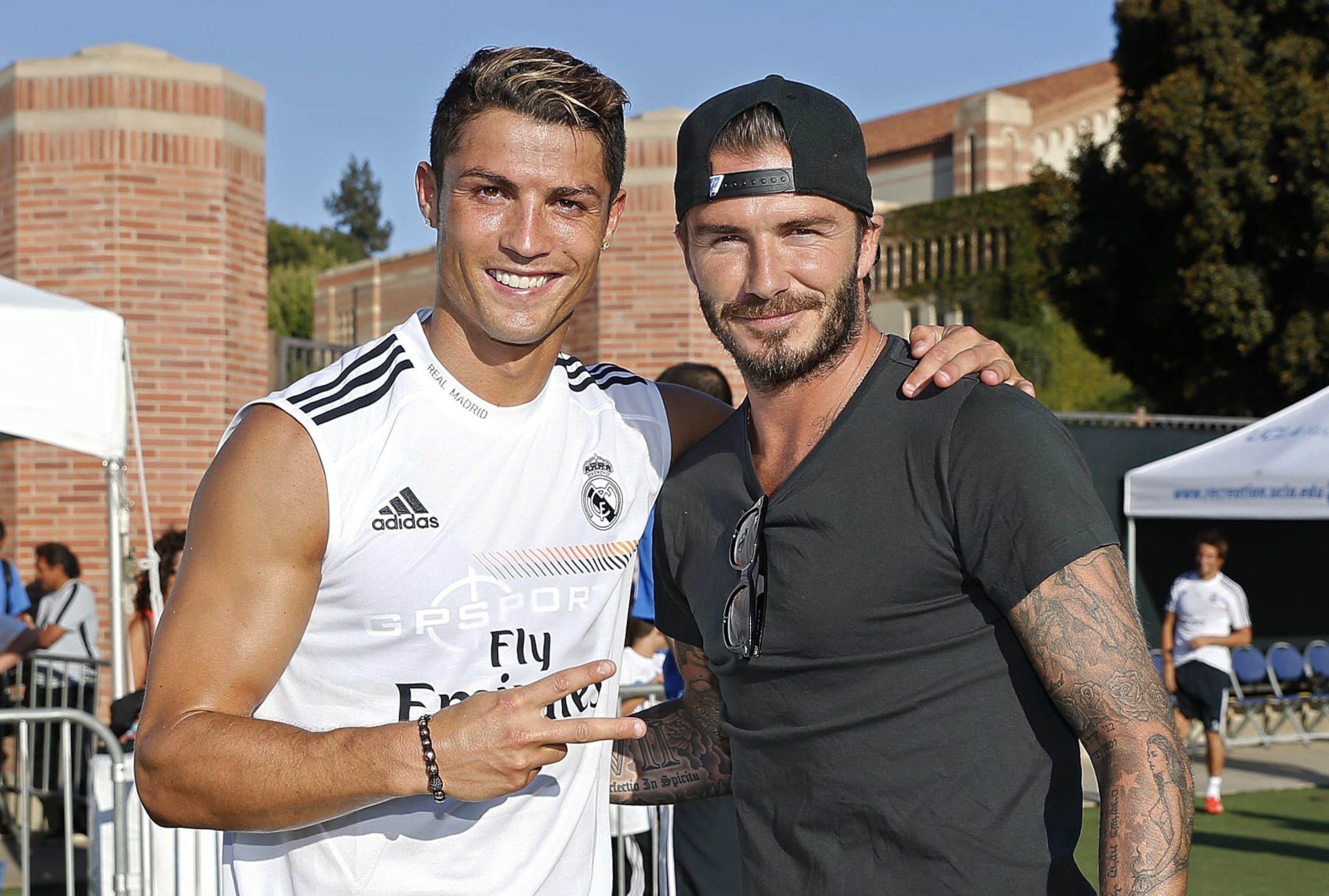 LOS ANGELES, CA - JULY 29:  Cristiano Ronaldo (L) of Real Madrid and former player David Beckham pose after a training session at UCLA Campus on July 29, 2013 in Los Angeles, California.  (Photo by Angel Martinez/Real Madrid via Getty Images)