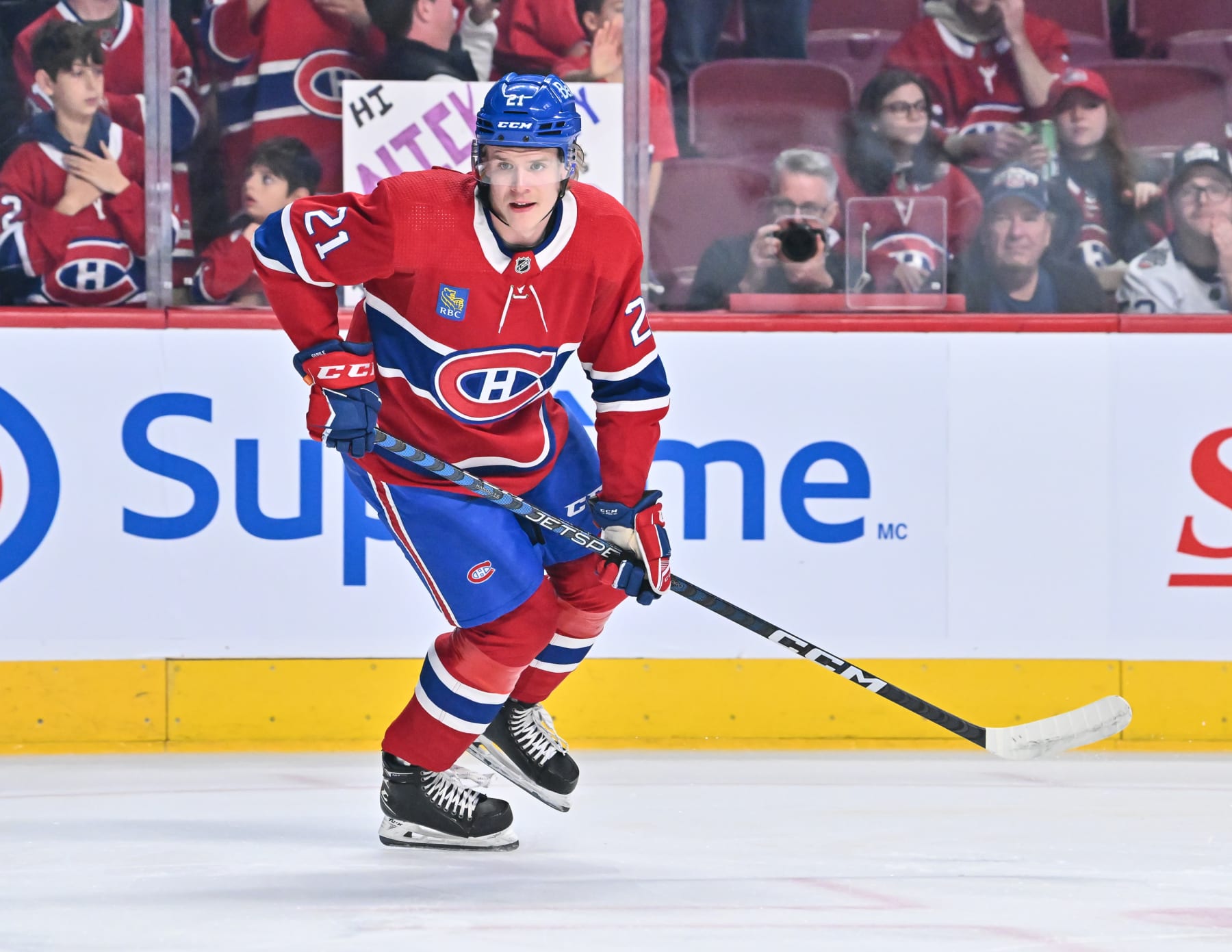 MONTREAL, CANADA - OCTOBER 22:  Kaiden Guhle #21 of the Montreal Canadiens skates during warmups prior to the game against the Dallas Stars at Centre Bell on October 22, 2022 in Montreal, Quebec, Canada.  The Dallas Stars defeated the Montreal Canadiens 5-2.  (Photo by Minas Panagiotakis/Getty Images)