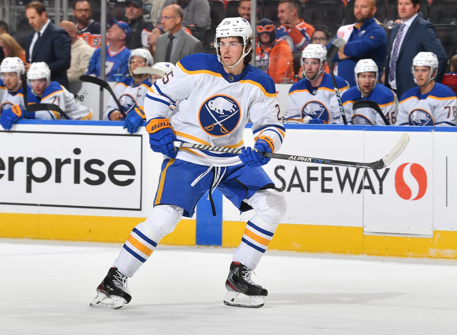 EDMONTON, CANADA - OCTOBER 18: Owen Power #25 of the Buffalo Sabres skates during the game against the Edmonton Oilers on October 18, 2022 at Rogers Place in Edmonton, Alberta, Canada. (Photo by Andy Devlin/NHLI via Getty Images)