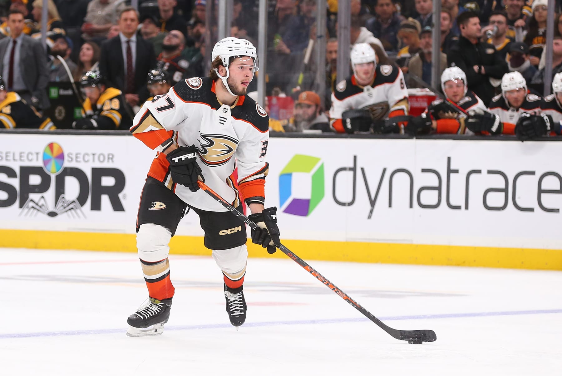 BOSTON, MA - OCTOBER 20: Anaheim Ducks left wing Mason McTavish (37) in action during a NHL game between Anaheim Ducks and Boston Bruins on October 20, 2022, at TD Garden in Boston, MA. (Photo by M. Anthony Nesmith/Icon Sportswire via Getty Images)