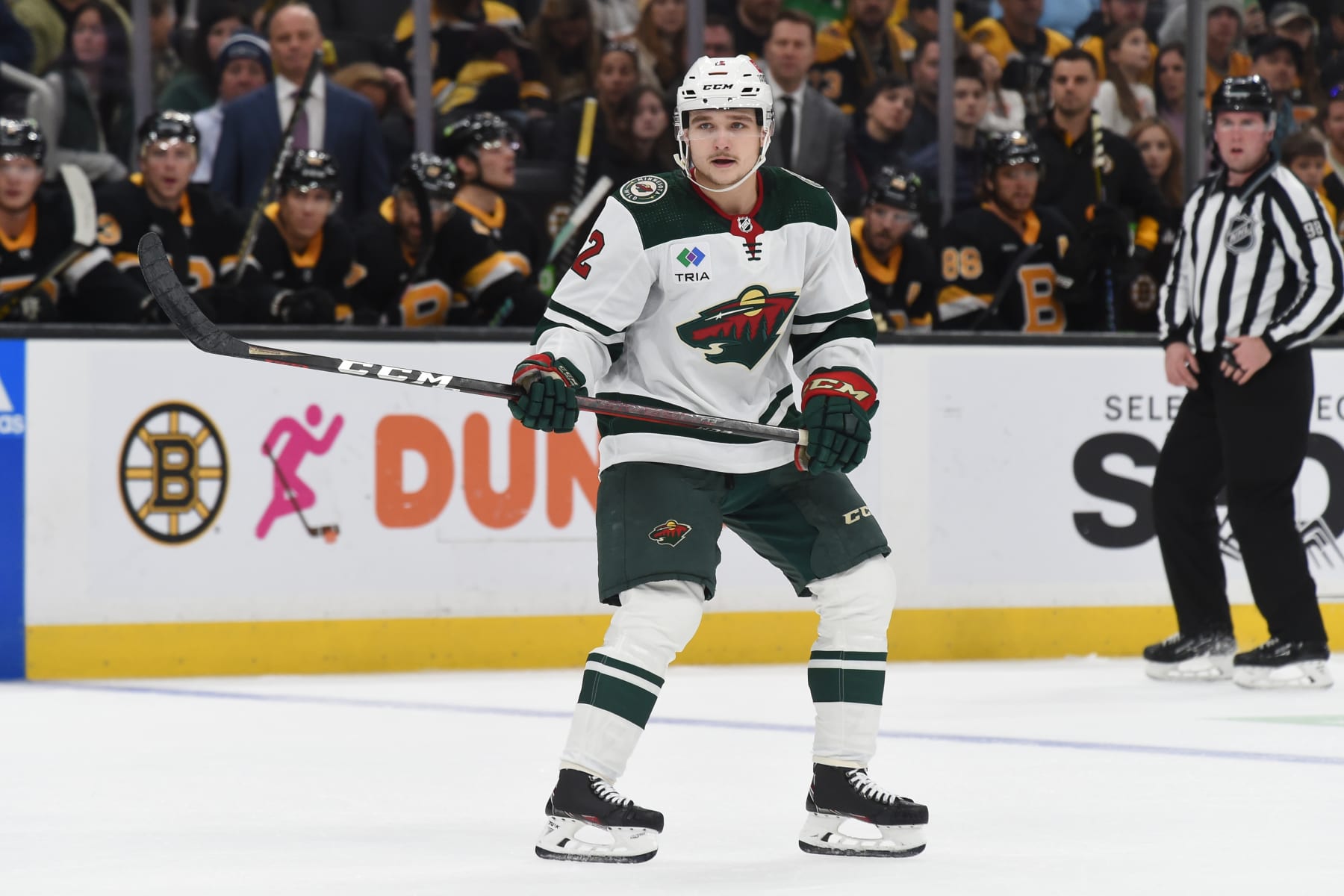 BOSTON, MASSACHUSETTS - OCTOBER 22: Calen Addison #2 of the Minnesota Wild skates against the Boston Bruins at the TD Garden on October 22, 2022 in Boston, Massachusetts. (Photo by Steve Babineau/NHLI via Getty Images)