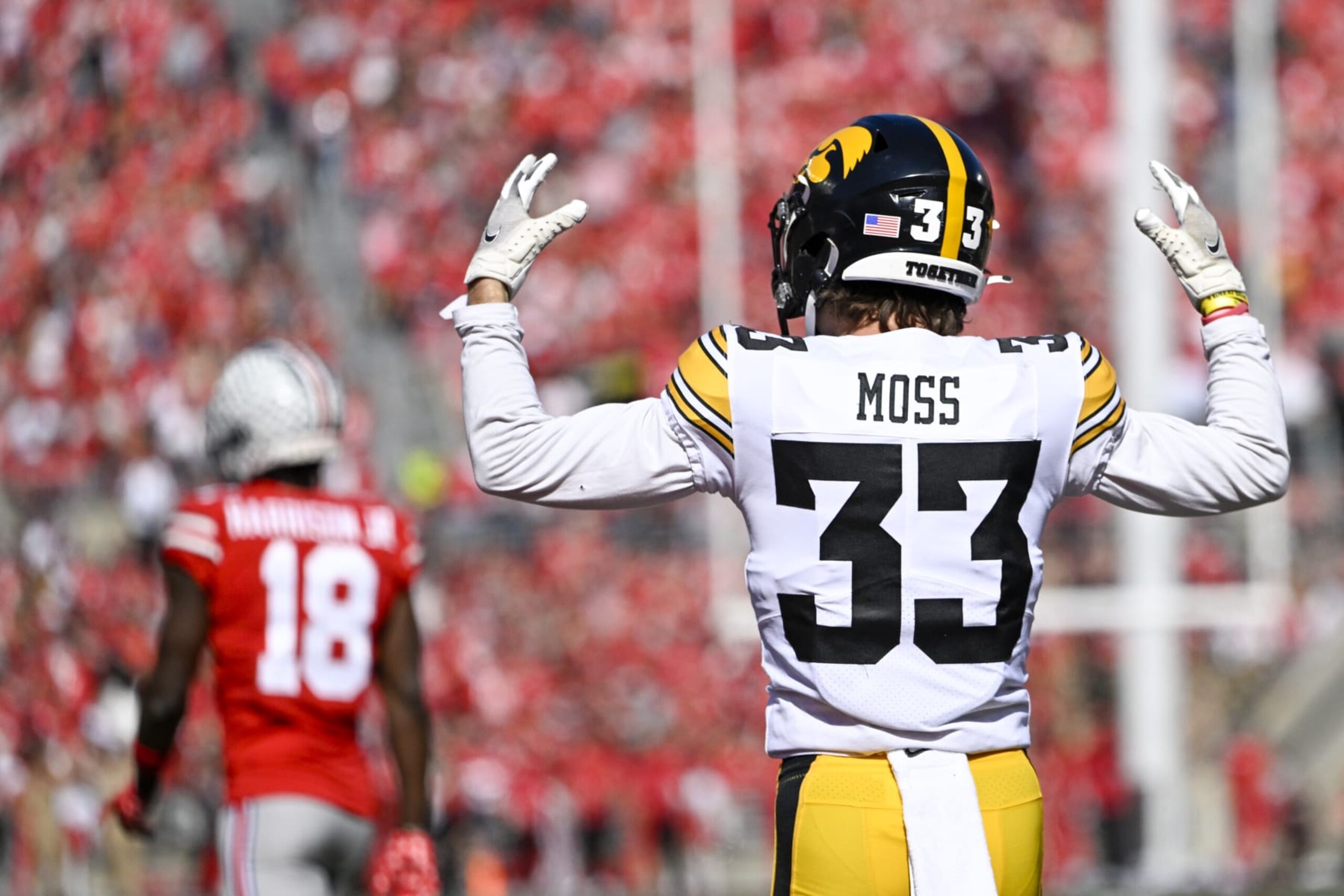 COLUMBUS, OHIO - OCTOBER 22: Defensive back Riley Moss #33  of the Iowa Hawkeyes celebrates after breaking up a pass in the end zone in the first quarter against the Ohio State Buckeyes at Ohio Stadium on October 22, 2022 in Columbus, Ohio. (Photo by Gaelen Morse/Getty Images)