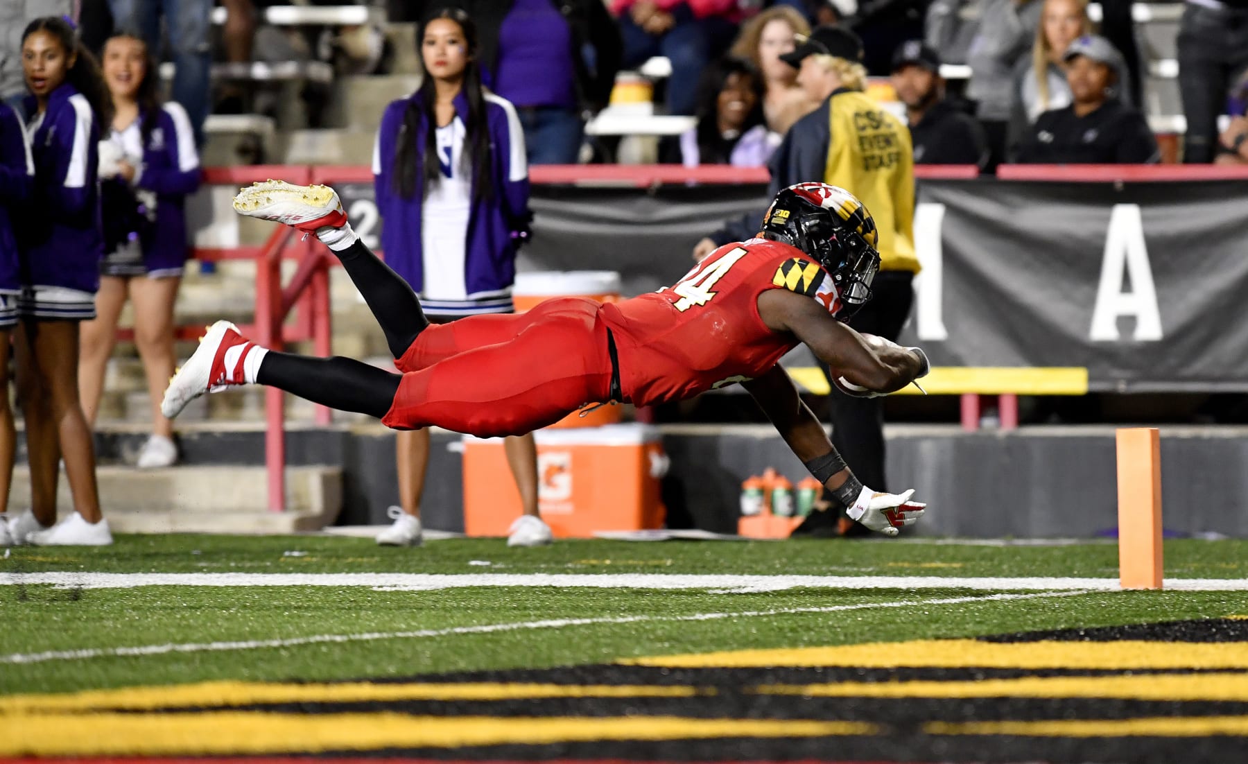 COLLEGE PARK, MD - OCTOBER 22: Maryland running back Roman Hemby (24) dives into the end zone to end a long touchdown run during the Northwestern Wildcats versus Maryland Terrapins game on October 22, 2022 at Capital One Field at Maryland Stadium in College Park, MD. (Photo by Randy Litzinger/Icon Sportswire via Getty Images)