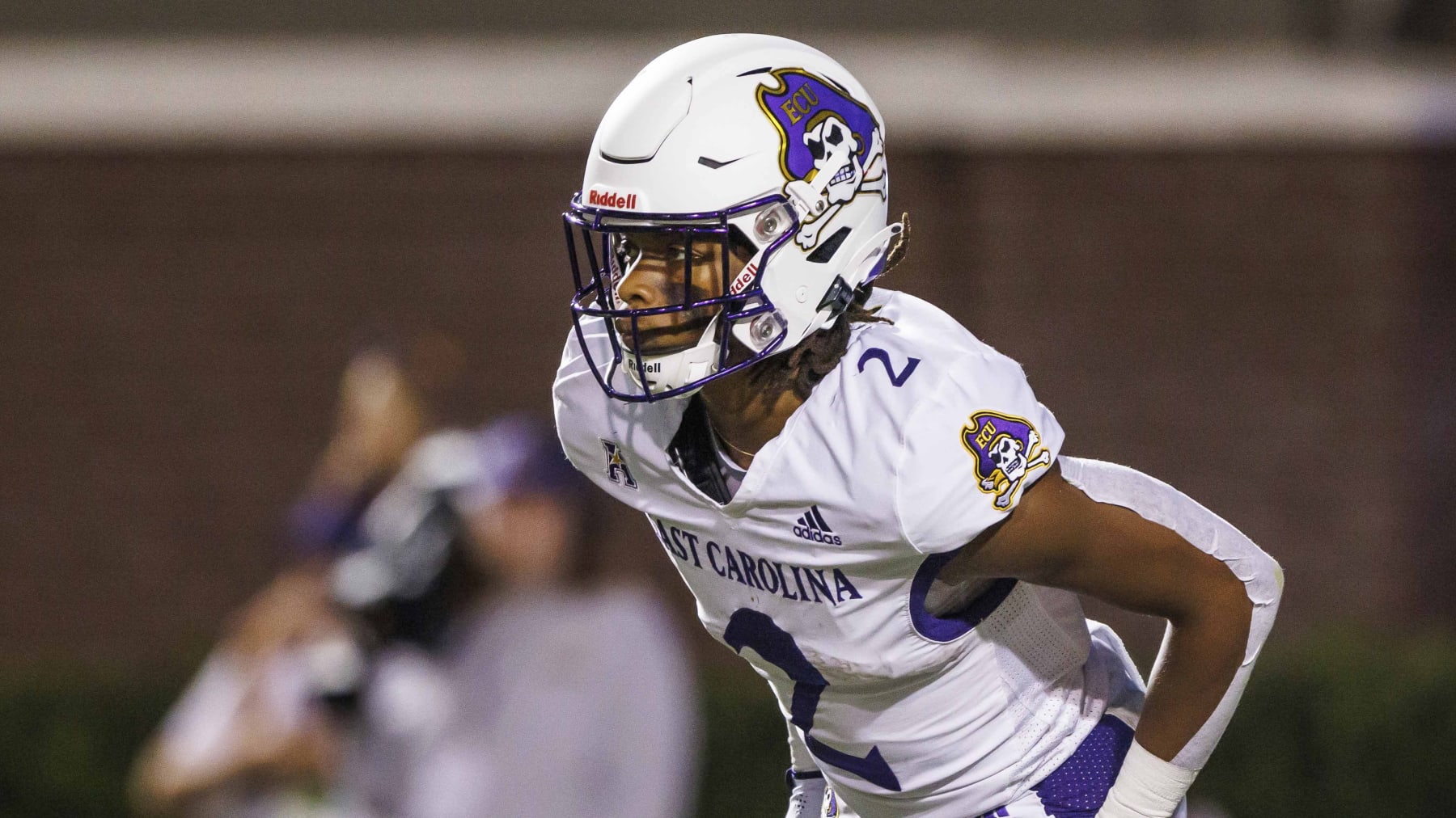 East Carolina's Keaton Mitchell (2) prepares to receive a kick during an NCAA football game on Saturday, Oct. 2, 2021, in Raleigh, N.C. (AP Photo/Ben McKeown)
