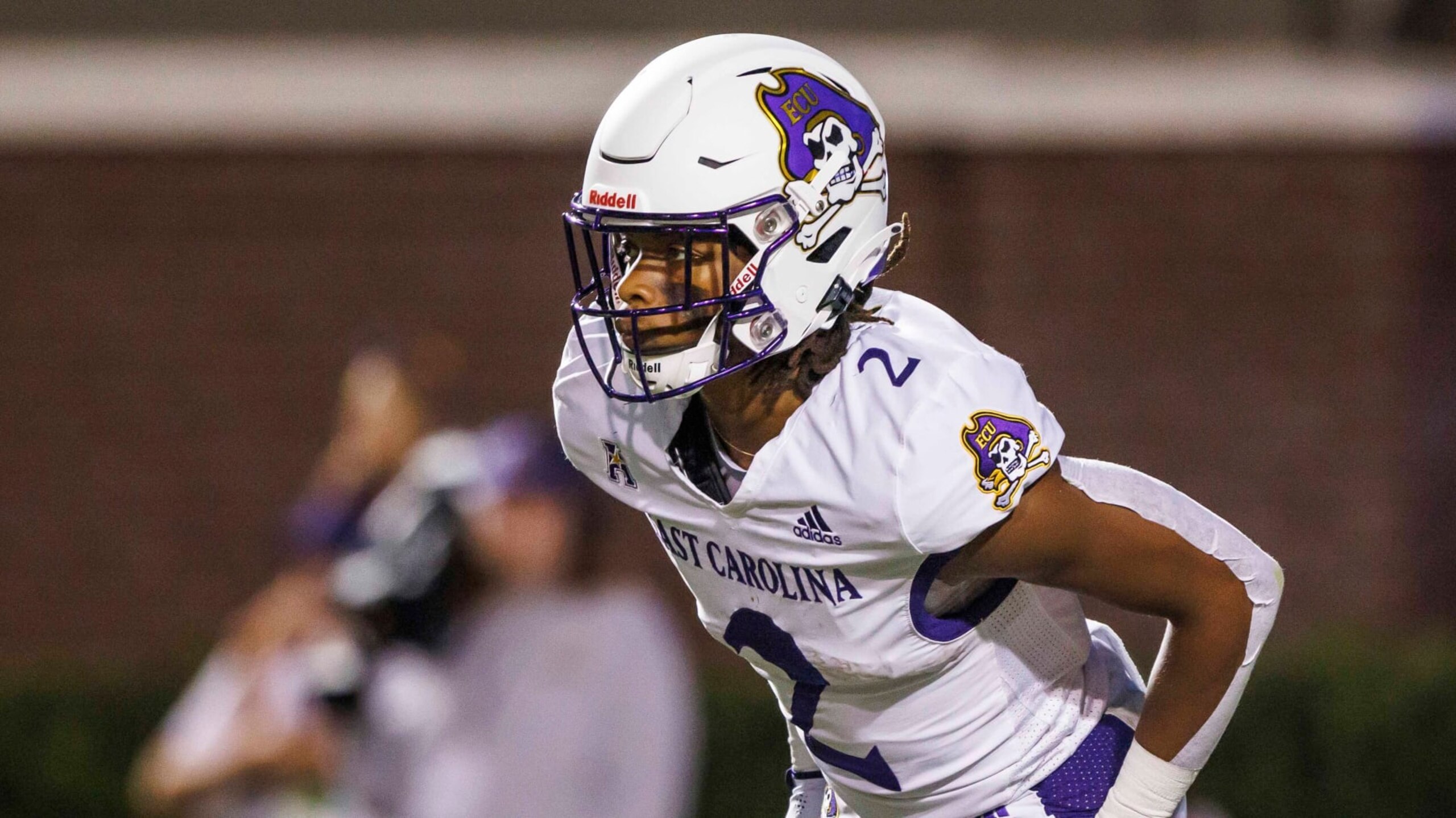 East Carolina's Keaton Mitchell (2) prepares to receive a kick during an NCAA football game on Saturday, Oct. 2, 2021, in Raleigh, N.C. (AP Photo/Ben McKeown)
